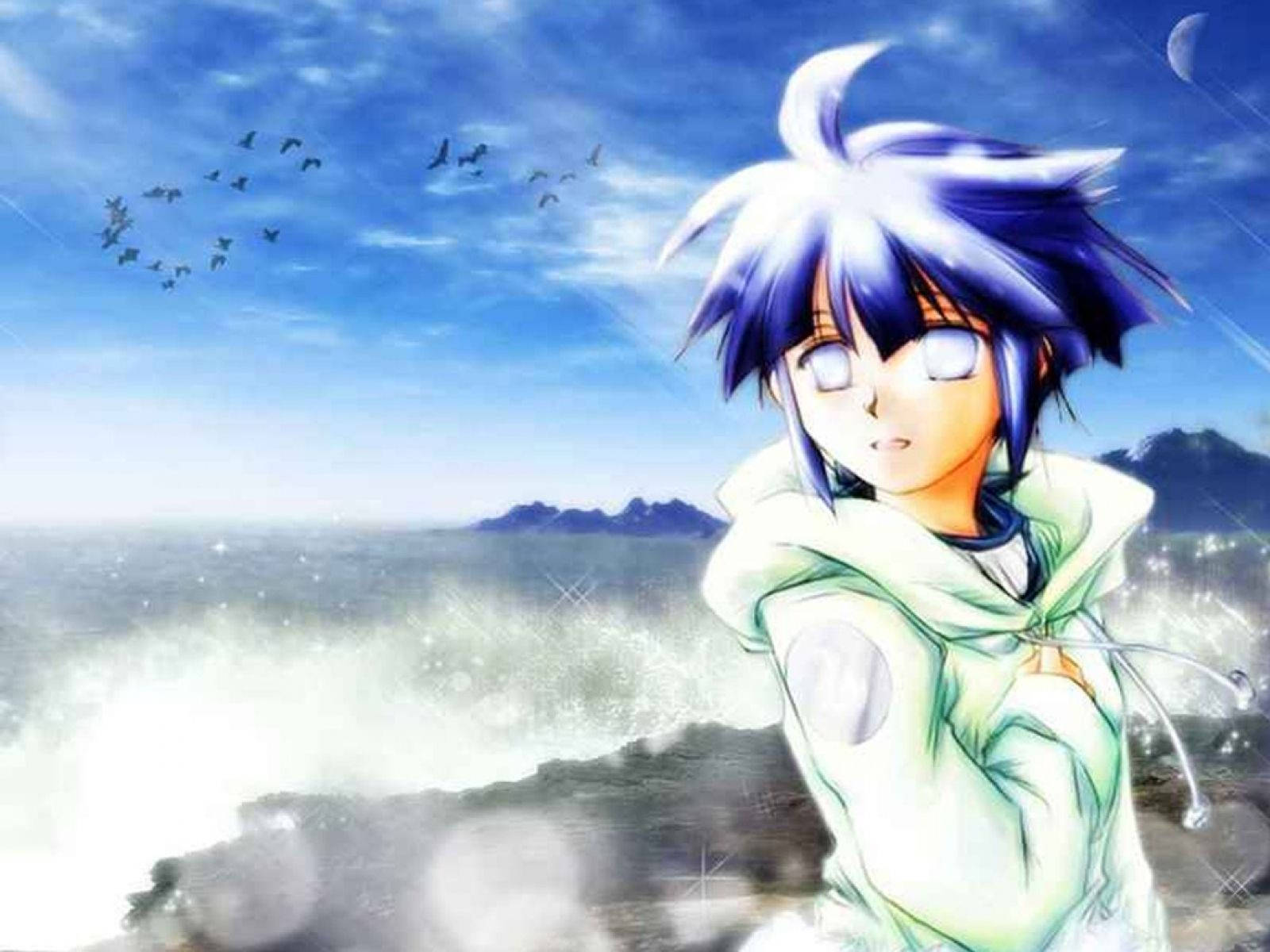Hinata Hyuga 桌布 壁紙 — 擁有尖刺藍色頭髮的動漫角色，站在暴風雨的大海旁，天空湛藍，鳥兒飛翔。