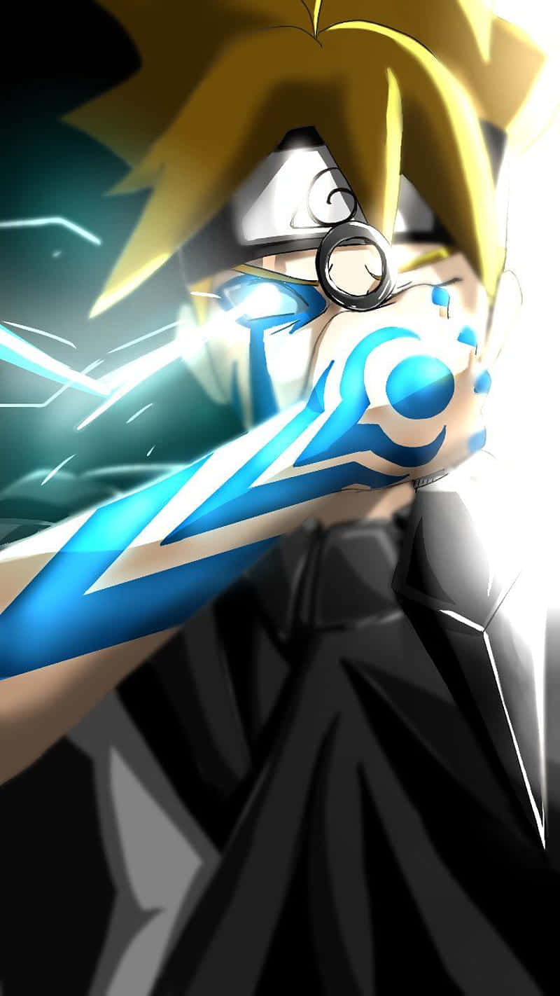 Adult Boruto 桌布 壁紙 — 擁有尖刺金髮和發光藍色查克拉手的動漫角色，擺出動態動作姿勢。