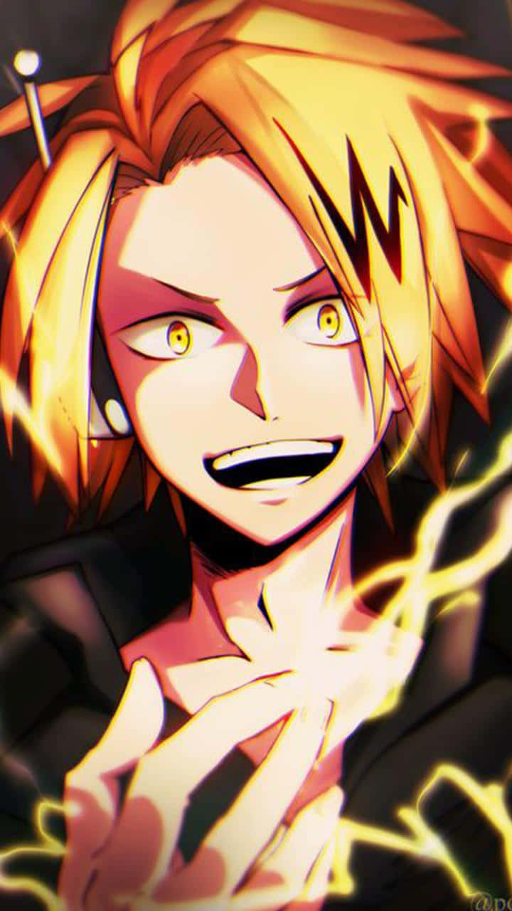My Hero Academia Phone 桌布 壁紙 — 擁有尖刺金髮和發光黃色眼睛的動漫角色，在閃電圍繞他緊握的拳頭劈啪作響時散發出力量。