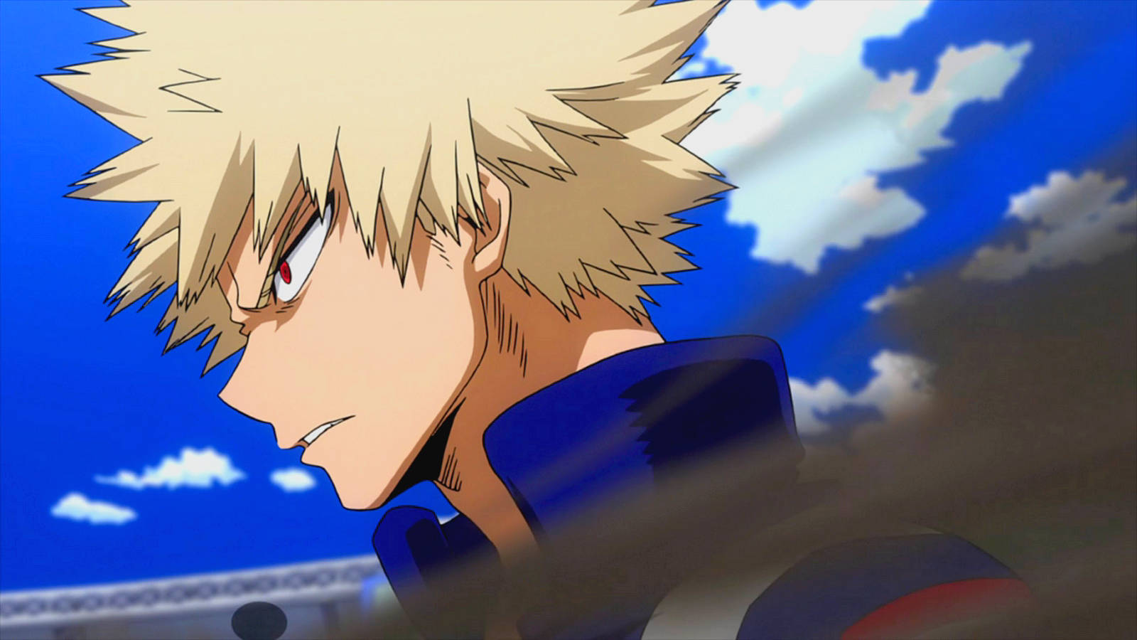 Bakugo 桌布 壁紙 — 擁有尖刺金髮和紅色眼睛的動漫角色，在藍天白雲下凝視著。