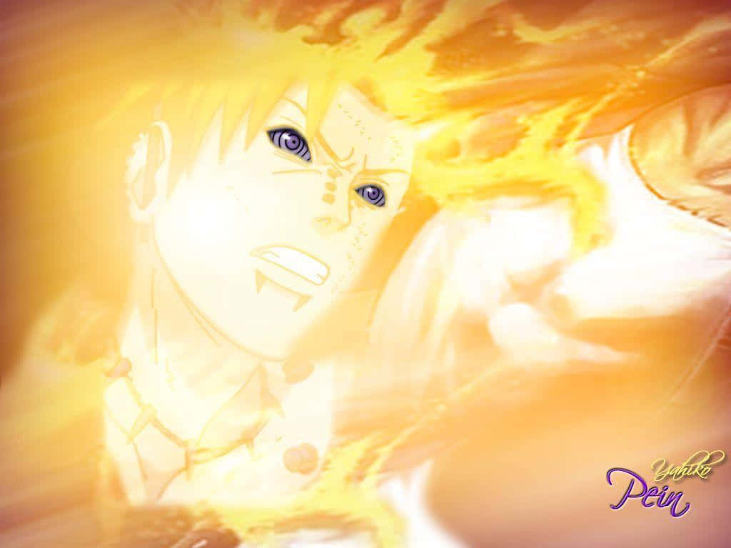 Yahiko 桌布 壁紙 — 擁有尖刺金髮和紫色眼睛的動漫角色，被強烈的金色查克拉能量包圍。