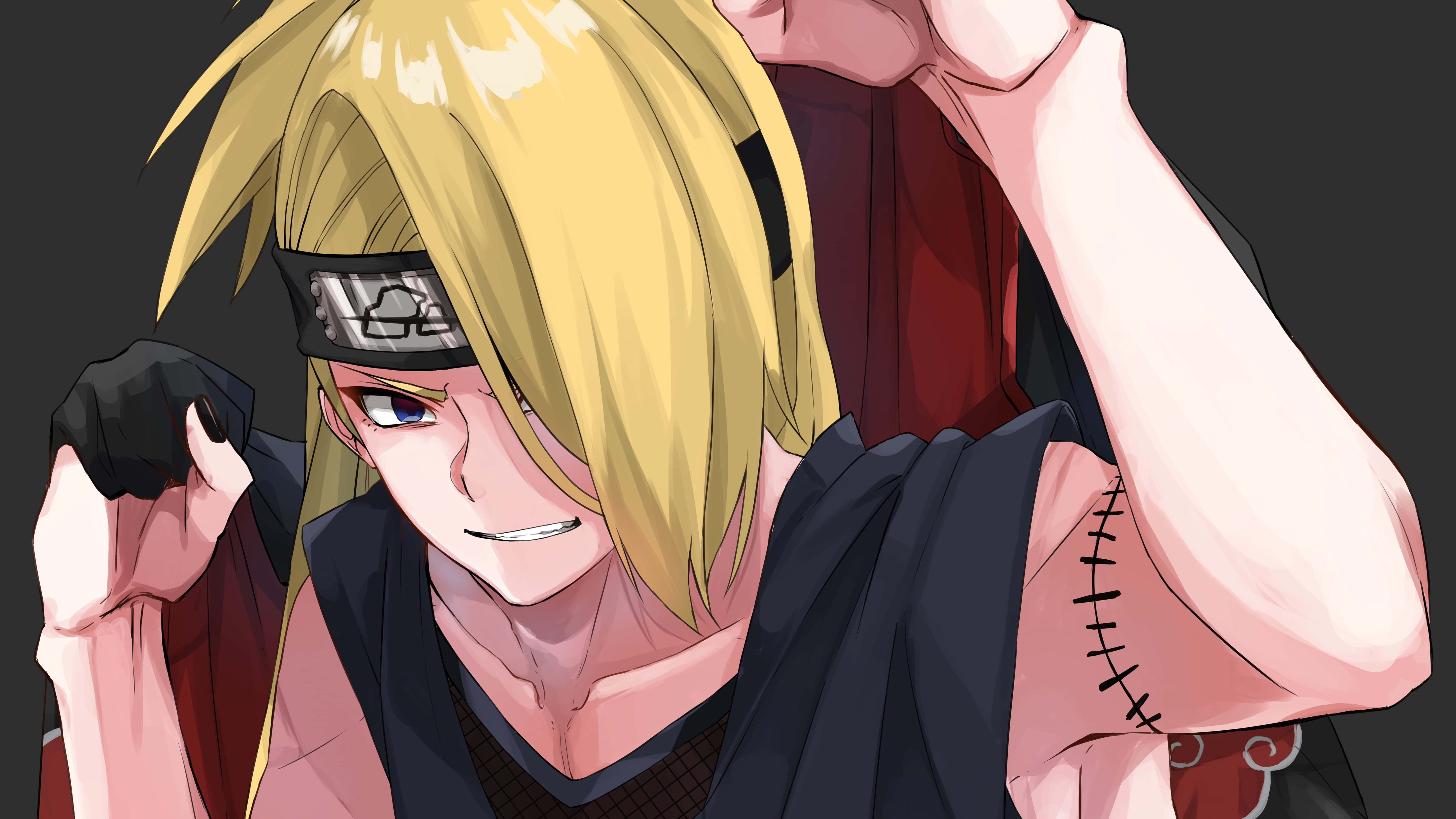 Akatsuki X Deidara 桌布 壁紙 — 擁有尖刺金髮和頭帶的動漫角色，縫合的手臂和戴手套的手自信地微笑。