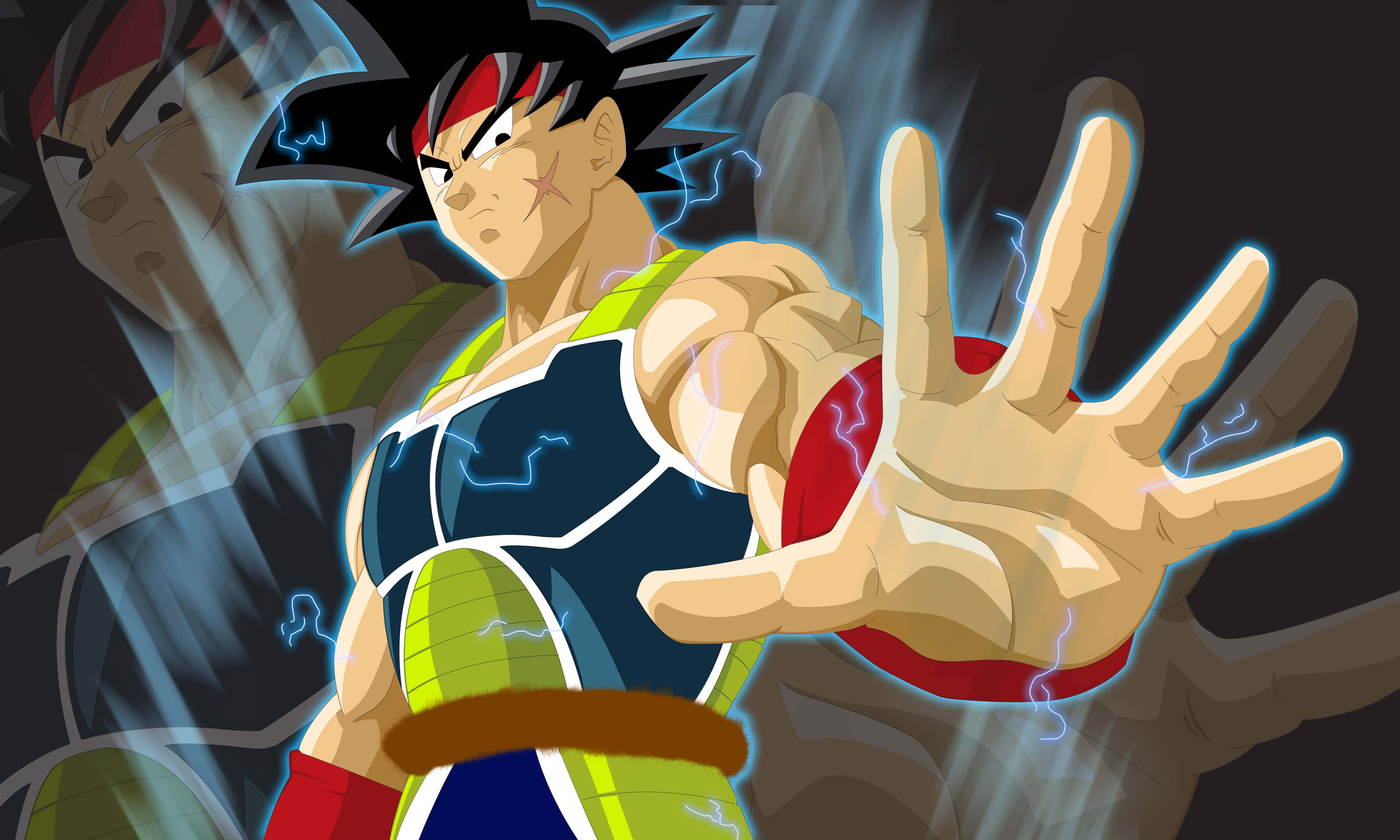 Bardock 桌布 壁紙 — 擁有尖刺頭髮和發光手掌的動漫角色，在黑暗背景下釋放藍色閃電能量。