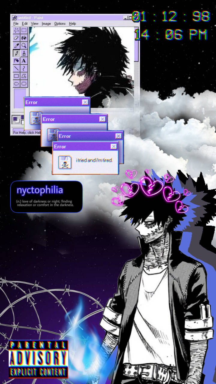 Dabi Aesthetic 桌布 壁紙 — 擁有尖刺頭髮和發光眼睛的動漫角色，站在滿是星星的夜空下，伴有錯誤彈出視窗和家長指引標籤。