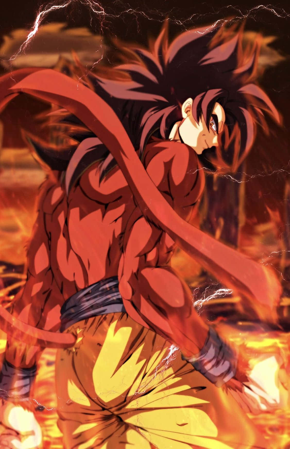 Goku Ssj4 桌布 壁紙 — 擁有尖刺頭髮和紅色光環的動漫戰士，在火焰閃電中以戲劇性的姿勢戰鬥。