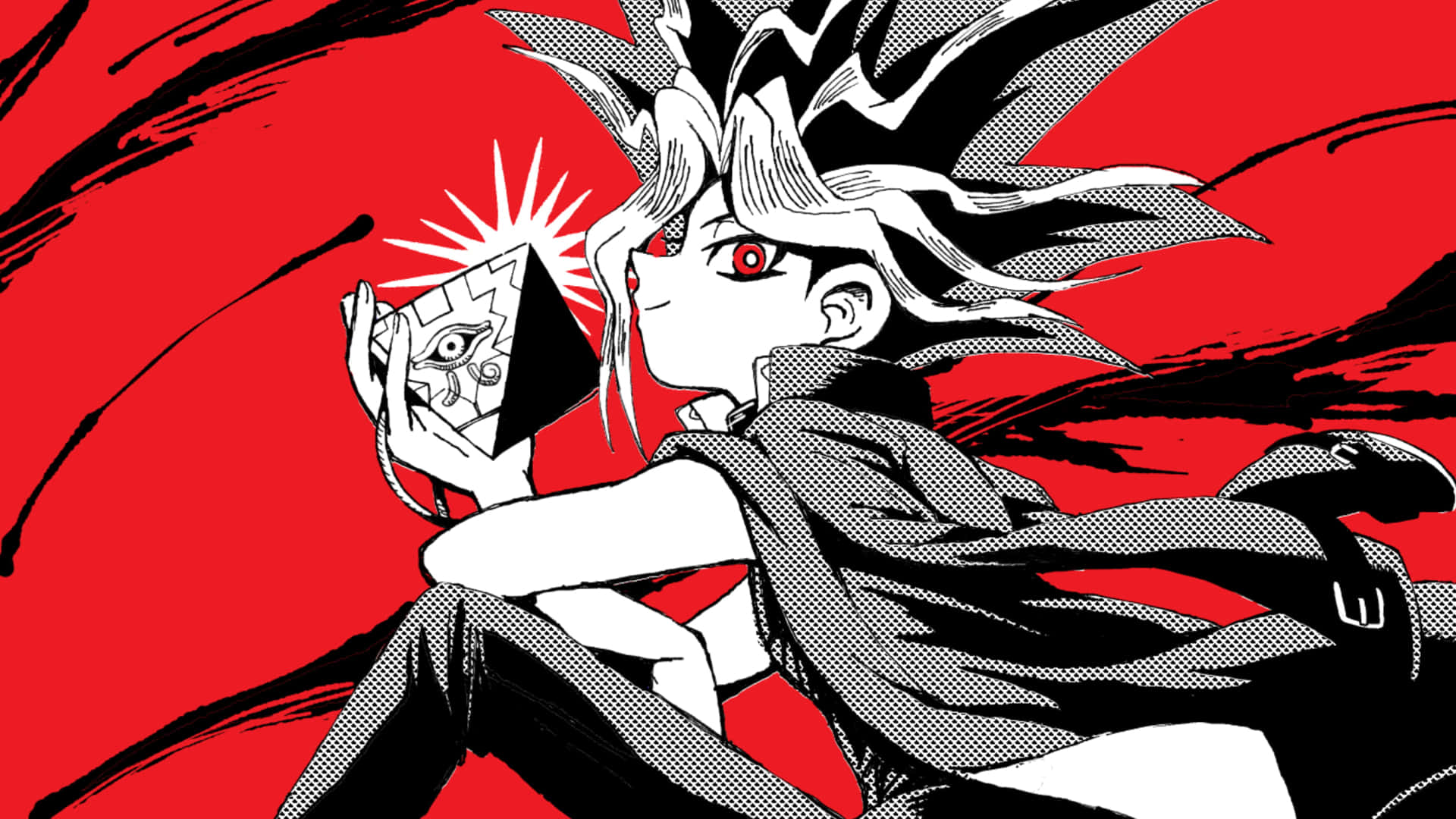 Yami Yugi 桌布 壁紙 — 擁有尖刺頭髮和紅色眼睛的動漫角色，在帶有黑色筆觸的醒目紅色背景上，手持一塊發光的拼圖碎片。
