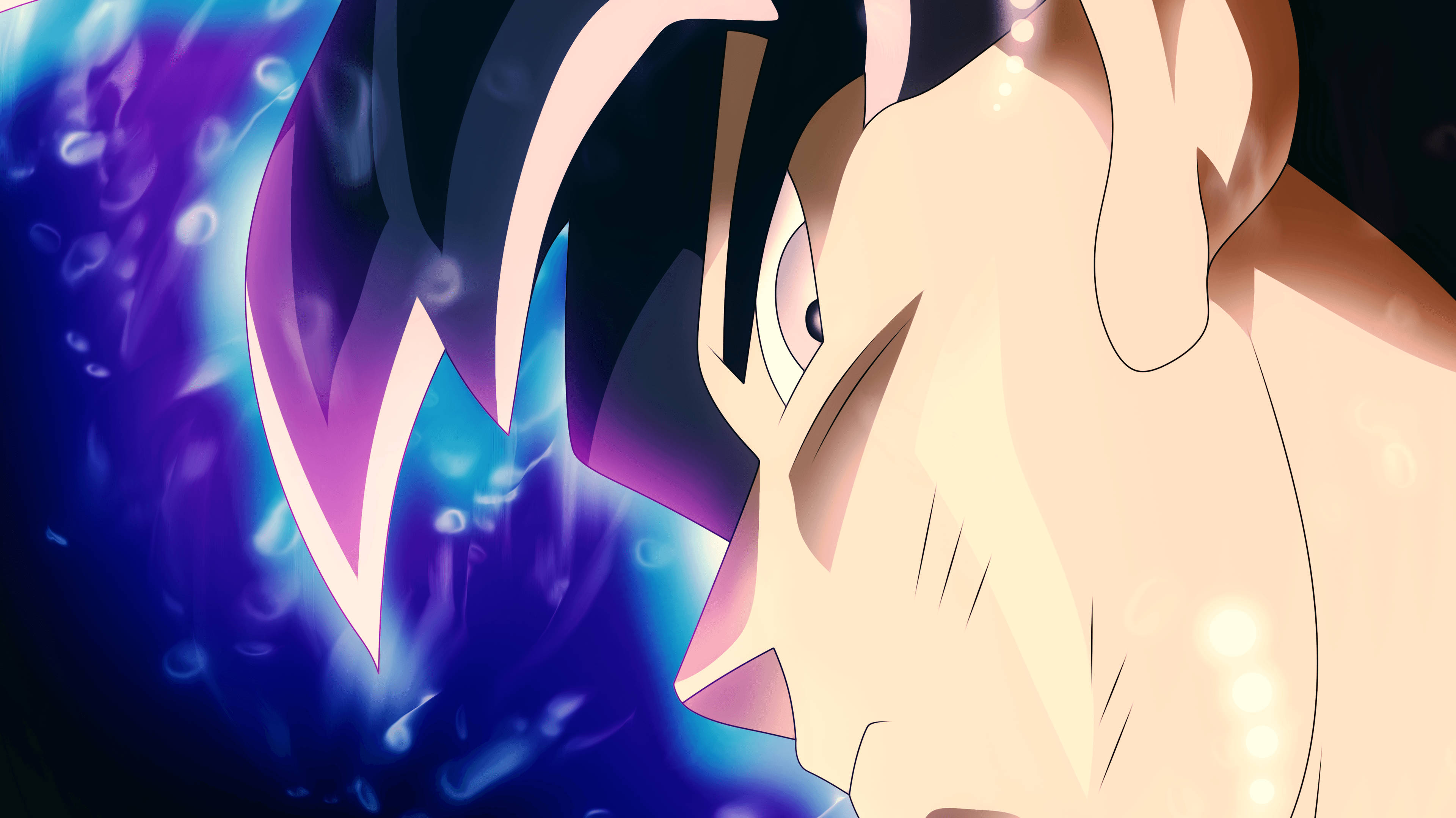 Ultra Instinct Goku 桌布 壁紙 — 擁有尖刺頭髮和銳利眼神的動漫角色，被發光的藍色和紫色能量粒子包圍。