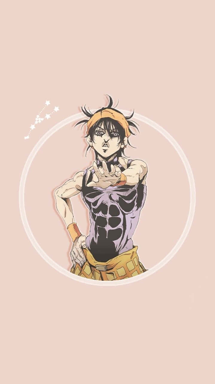 Narancia Ghirga 桌布 壁紙 — 擁有尖刺頭髮和骷髏軀幹的動漫角色，自信地站在圓形框架內，背景為柔和粉紅色。