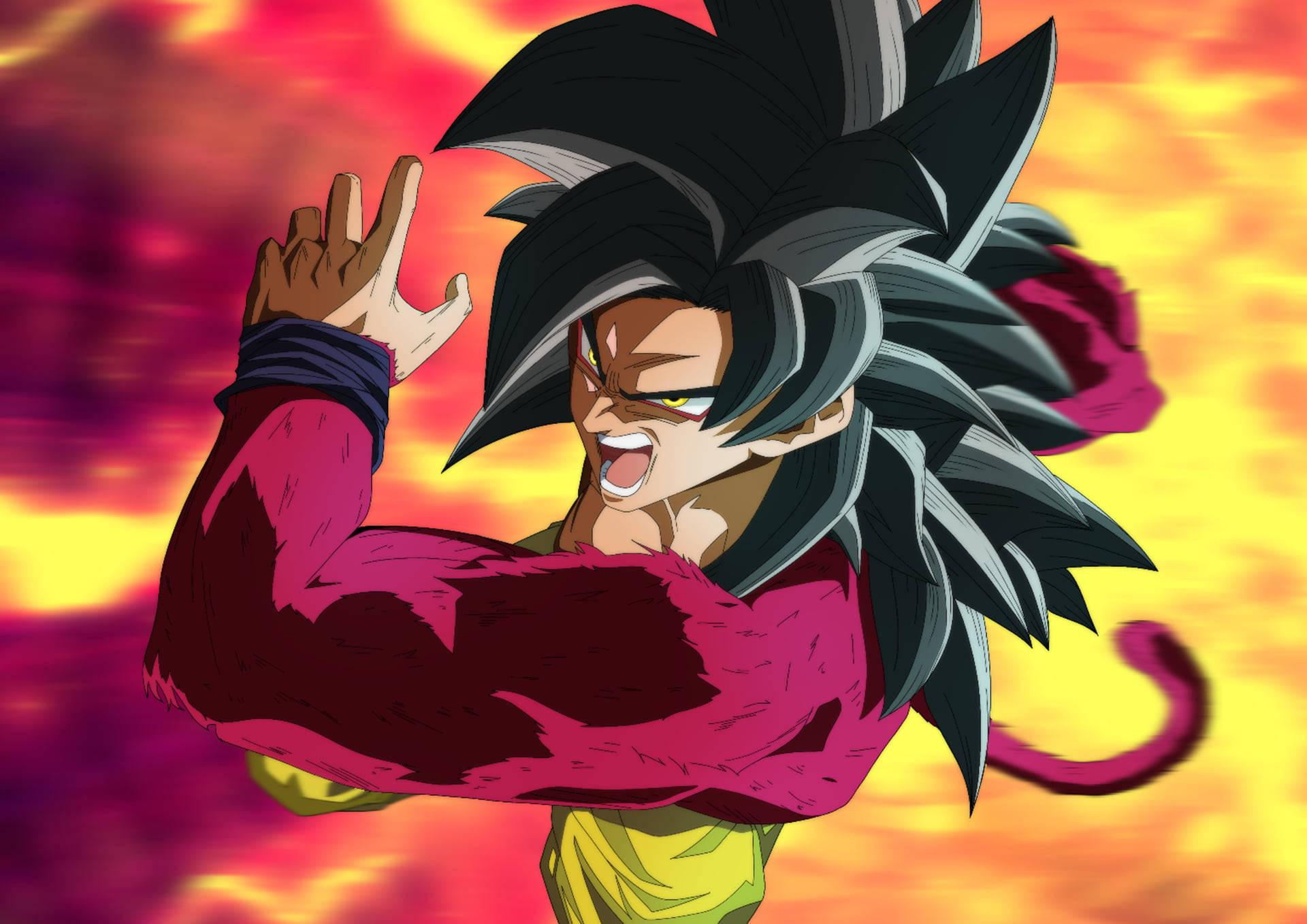Ssj4 Goku 桌布 壁紙 — 擁有尖刺黑色和銀色頭髮的動漫角色，在火紅橙色和紫色的天空下強力地展示肌肉。