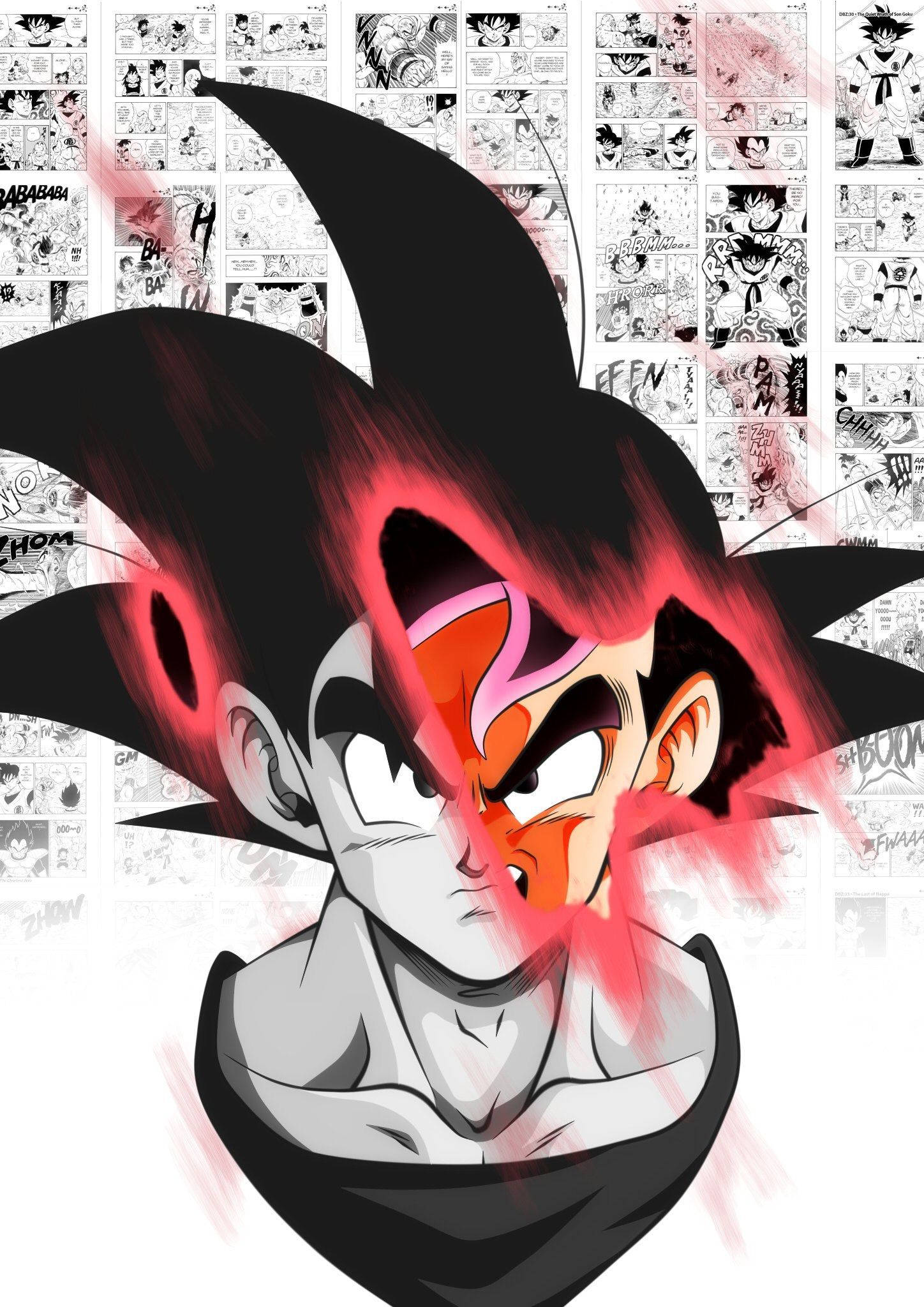 kaioken 桌布 壁紙 — 擁有尖刺黑髮和紅色光環的動漫角色站在漫畫面板背景前。