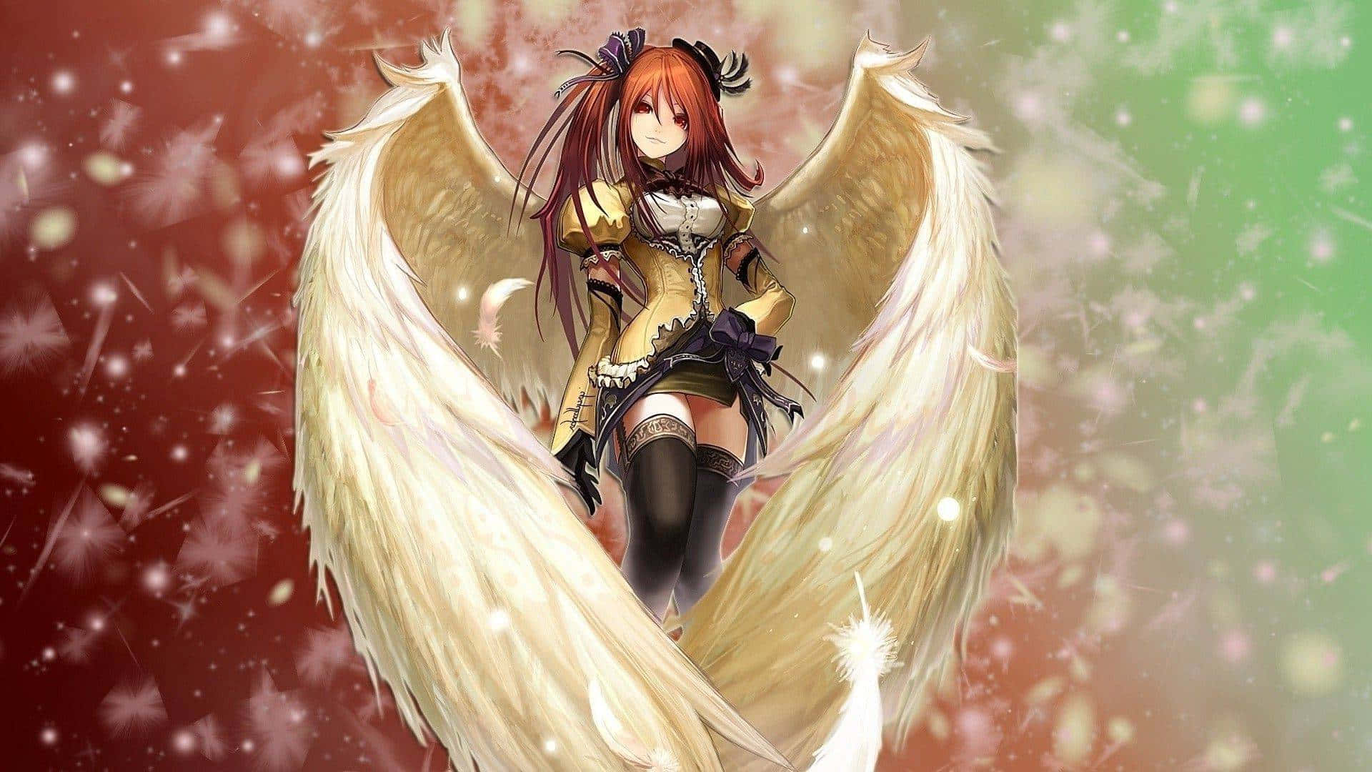 漫畫gif 桌布 壁紙 — 擁有巨大白色翅膀和紅髮的動漫少女，在紅綠漸變背景中，伴隨著飄落的花瓣，優雅地站立。