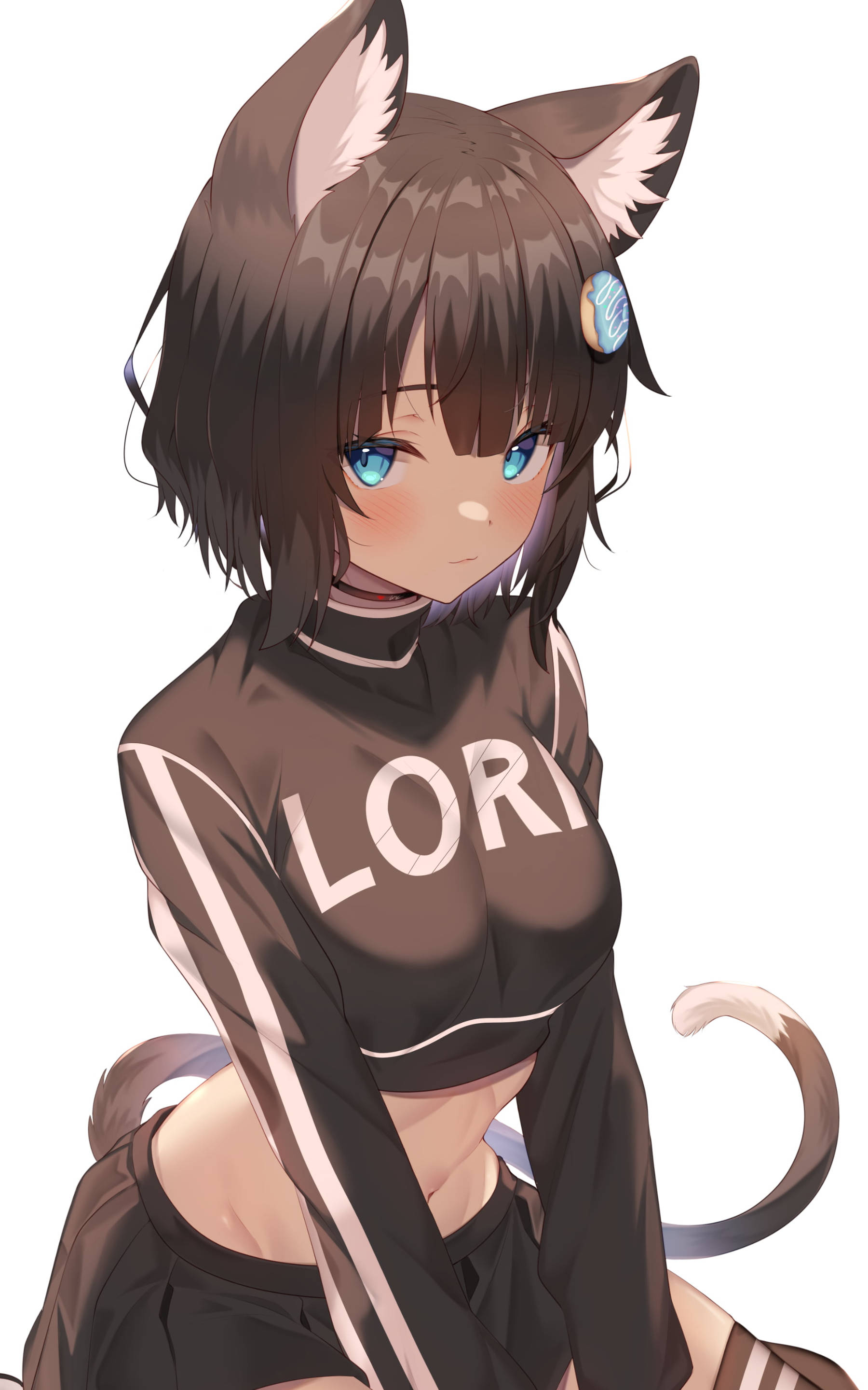 Ecchi 桌布 壁紙 — 擁有棕色貓耳和尾巴的動漫女孩，身穿帶有白色條紋和「LORI」文字的棕色短版上衣。