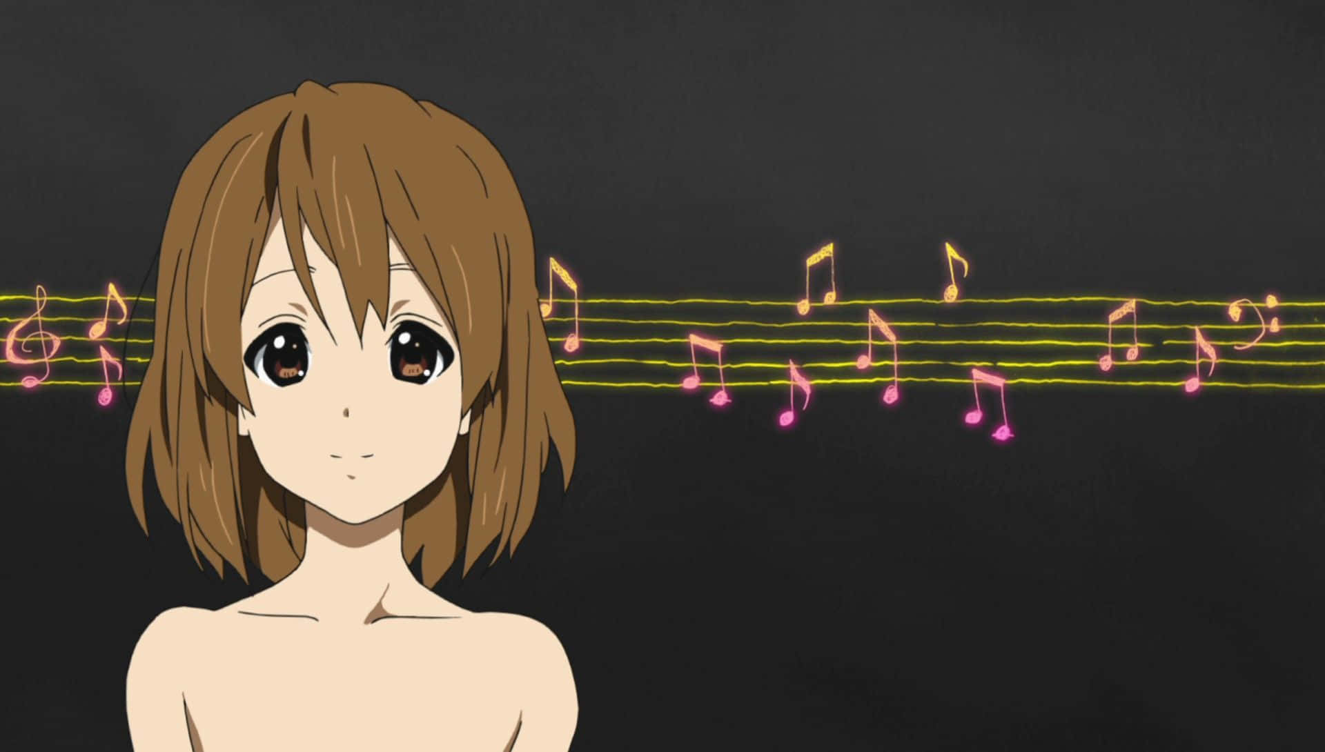 yui hirasawa 桌布 壁紙 — 擁有棕色頭髮和大眼睛的動漫女孩站在黑暗背景前發光的音符前。