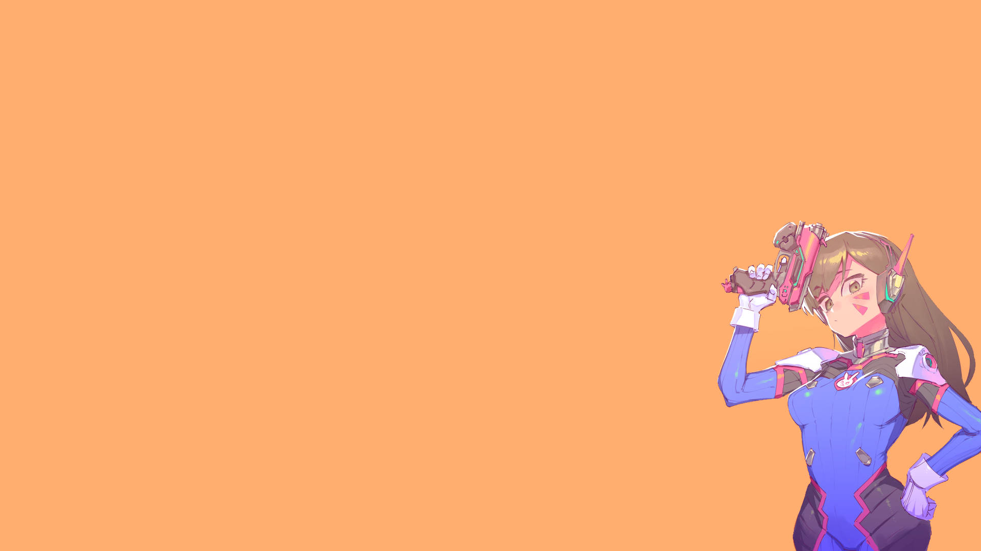 D.Va 桌布 壁紙 — 擁有棕色頭髮和粉紅色點綴的動漫角色在純橙色背景前自信地擺姿勢。