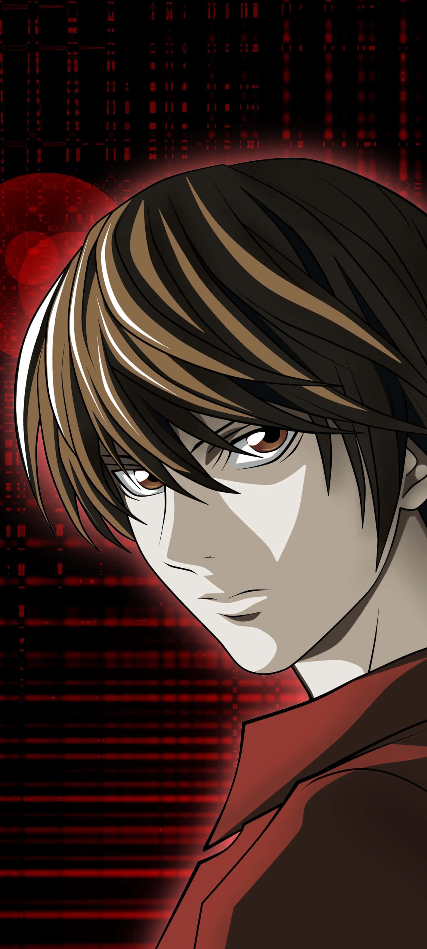 Light Yagami 桌布 壁紙 — 擁有棕色頭髮和紅色眼睛的動漫角色，在發光的紅色數位背景下強烈凝視。