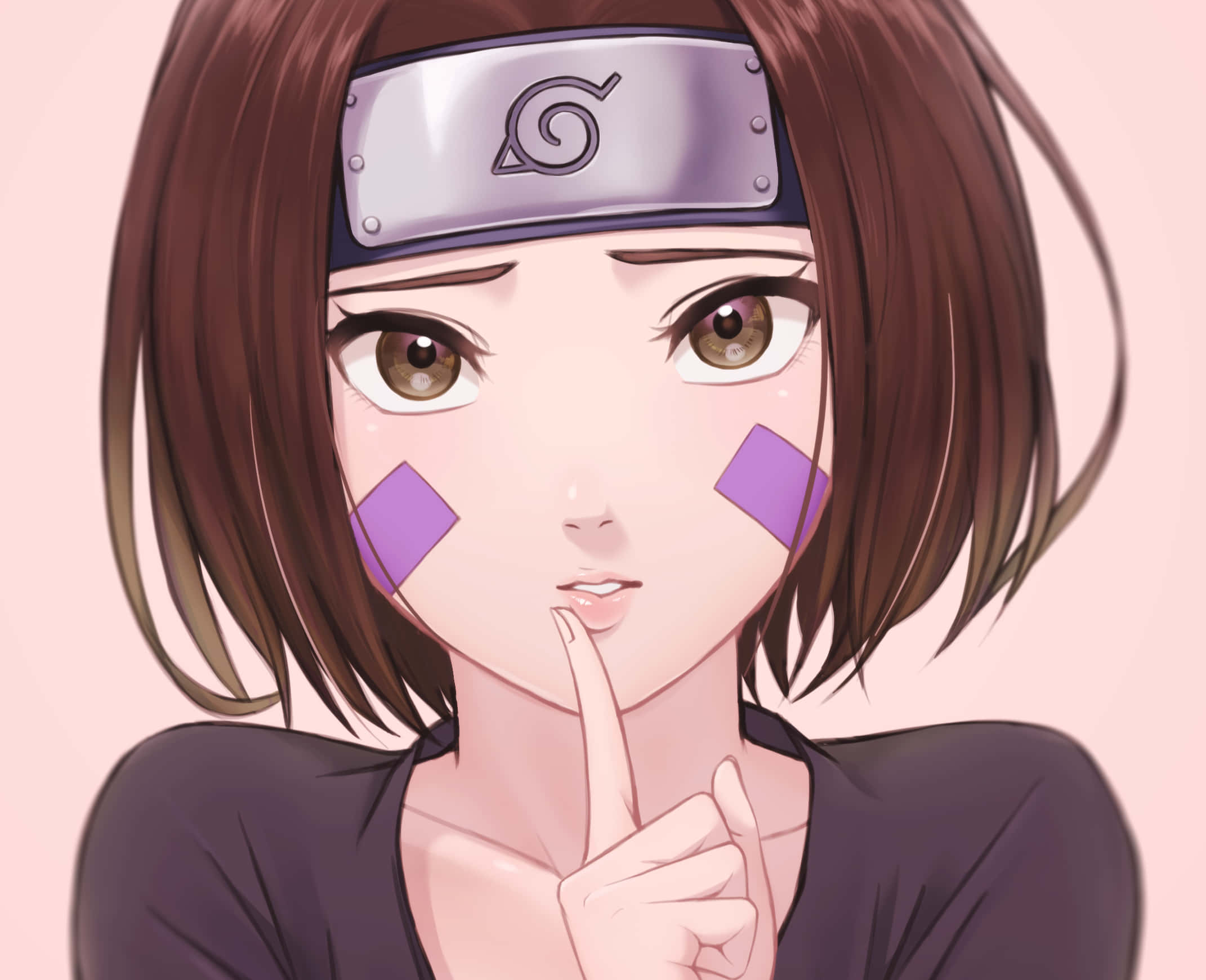 Rin Nohara 桌布 壁紙 — 擁有棕色頭髮和紫色臉頰標記的動漫女孩，在柔和的粉紅色背景前，將手指放在嘴唇上做出安靜的手勢。
