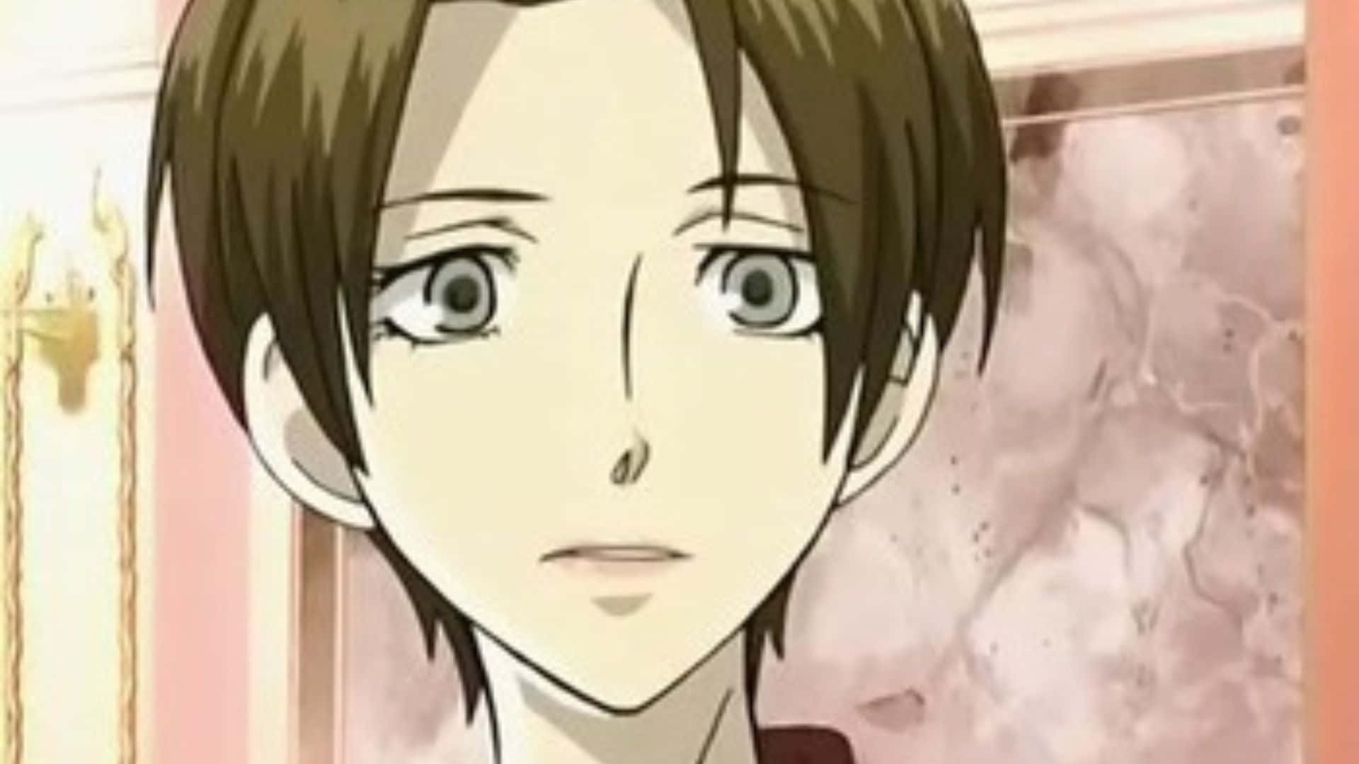 Benio Amakusa 桌布 壁紙 — 擁有棕色頭髮和綠色大眼睛的動漫角色，在華麗的房間中直視觀眾。