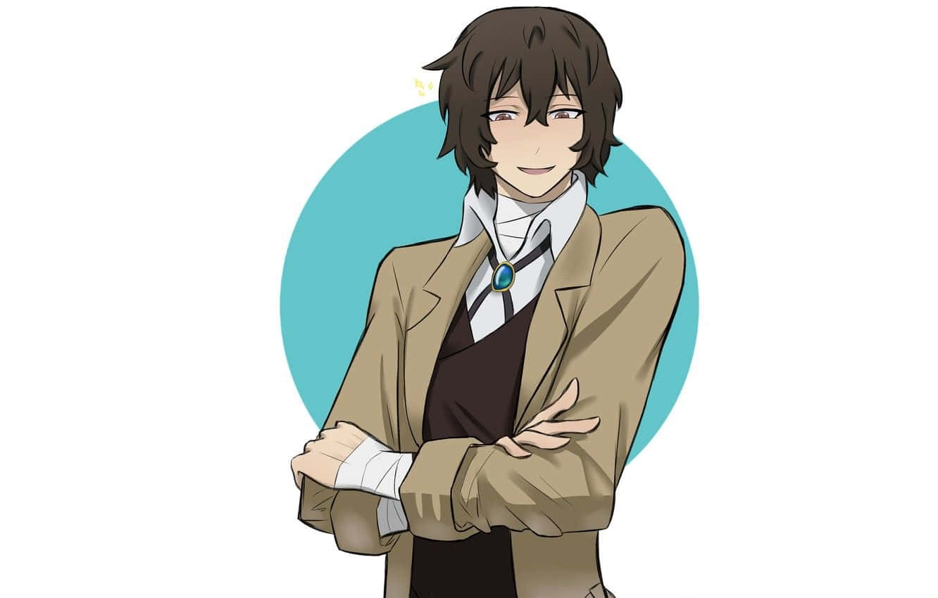 動漫男孩 桌布 壁紙 — 擁有棕色頭髮和自信微笑的動漫角色，雙臂交叉站在青綠色圓形背景前。