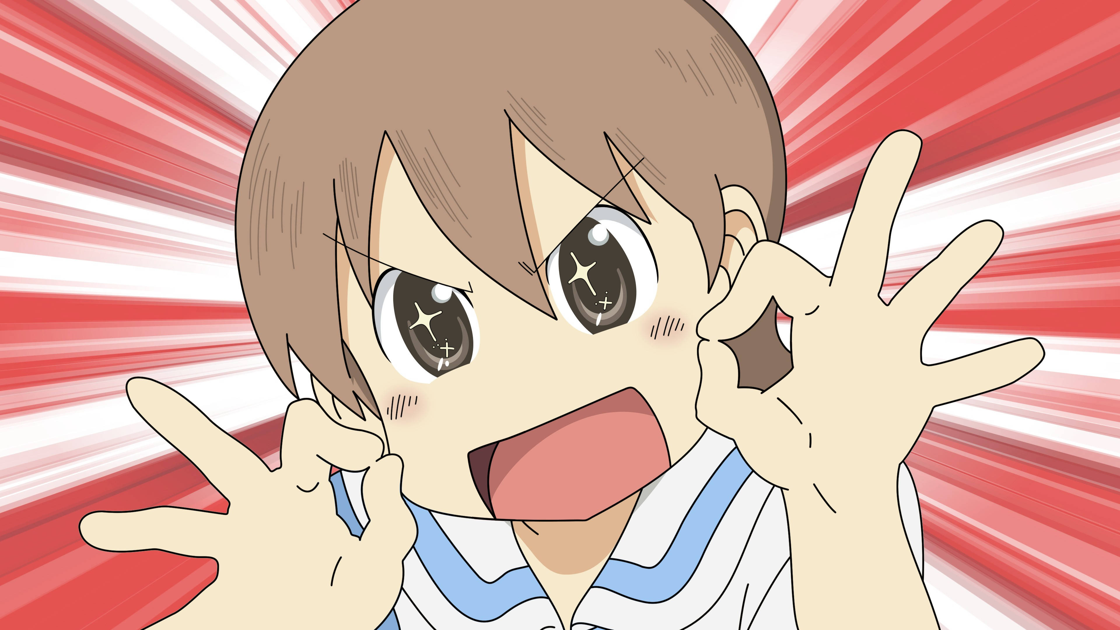 Nichijou 桌布 壁紙 — 擁有棕色頭髮和閃亮眼睛的動漫女孩，在紅色和白色放射狀背景前做出和平手勢。