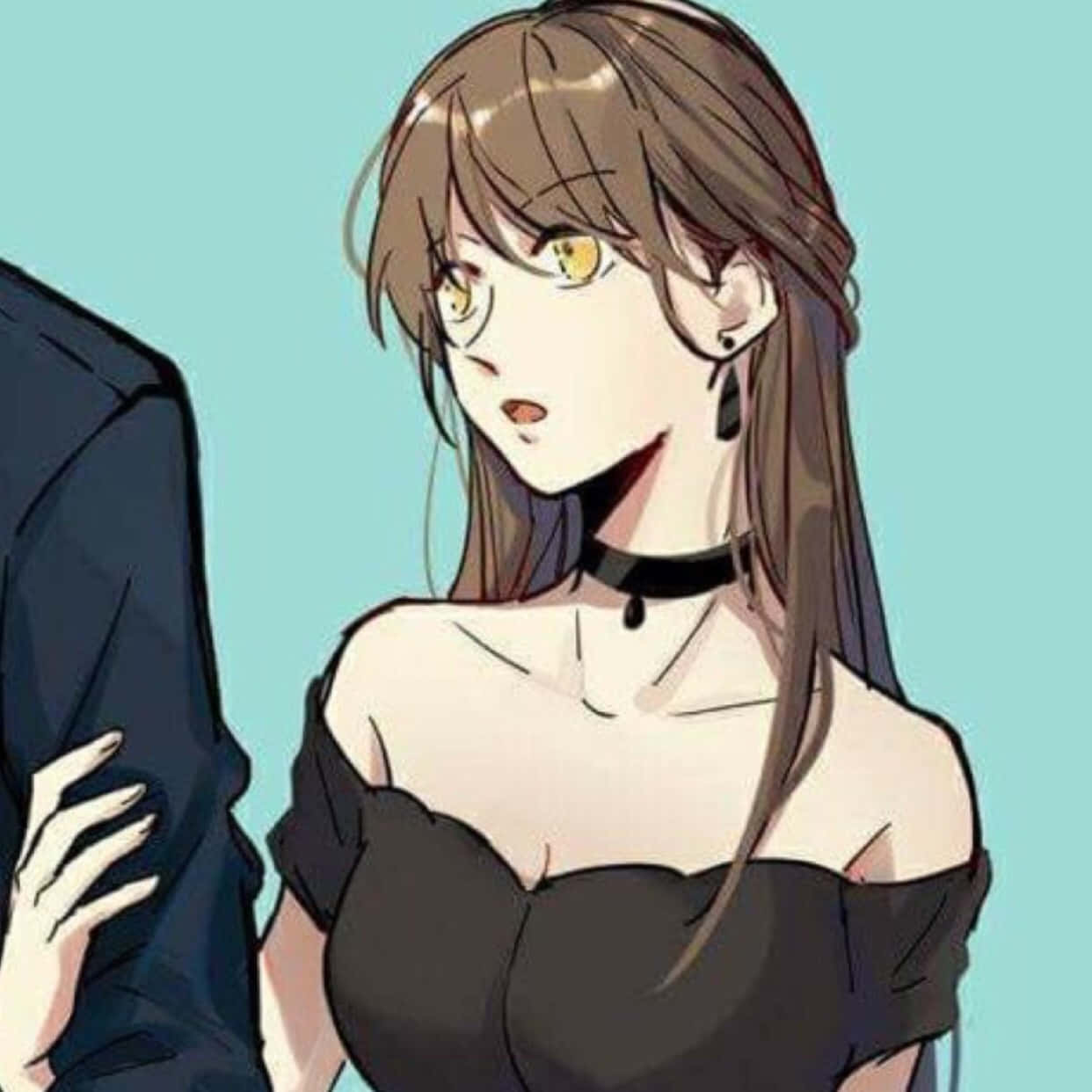 動漫 桌布 壁紙 — 擁有棕色頭髮和黃色眼睛的動漫女孩，在青綠色背景前戴著黑色頸鍊和露肩上衣。