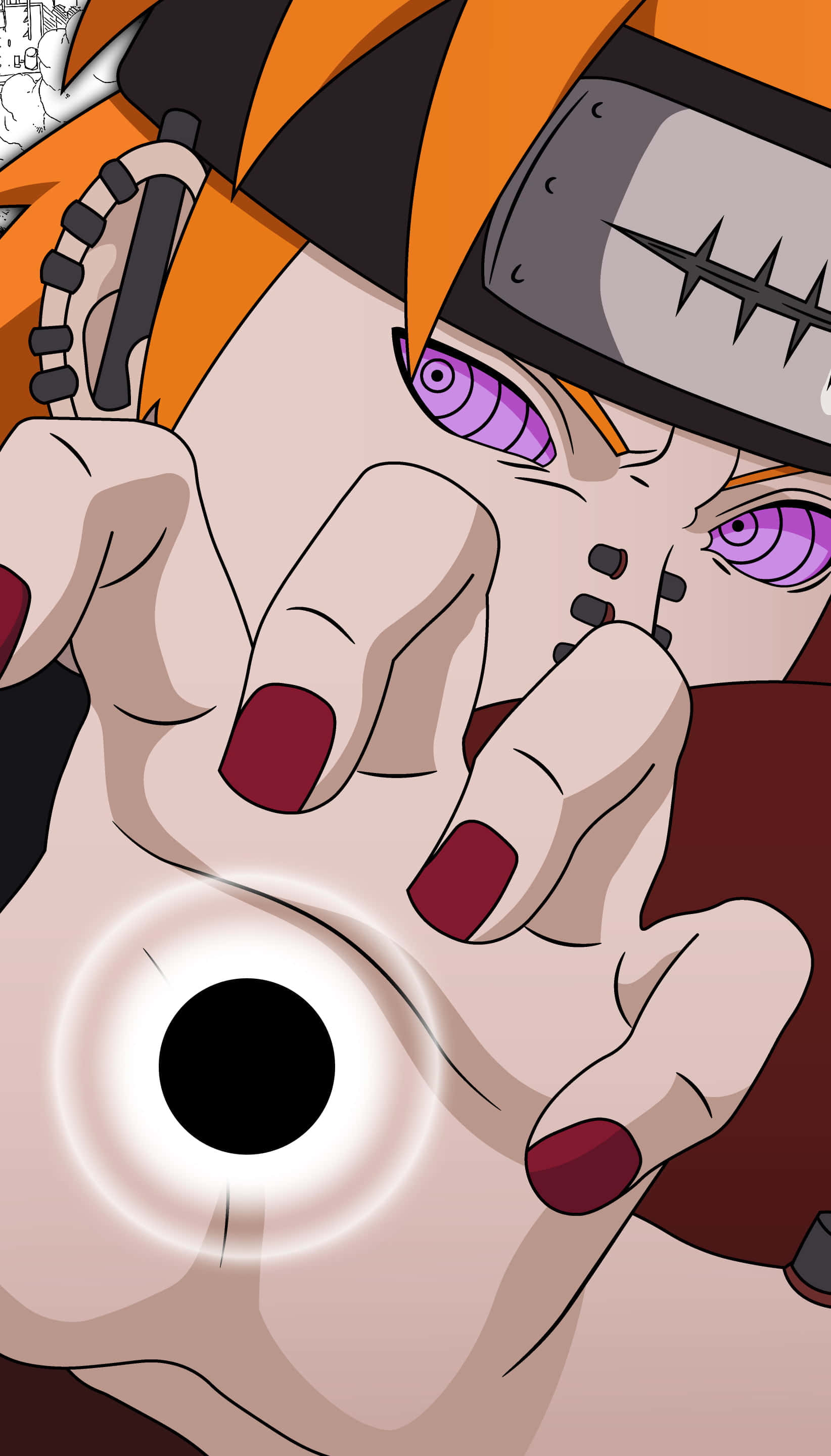 Akatsuki Poster 桌布 壁紙 — 擁有橙色頭髮和紫色眼睛的動漫角色在發光的黑洞上結手印。