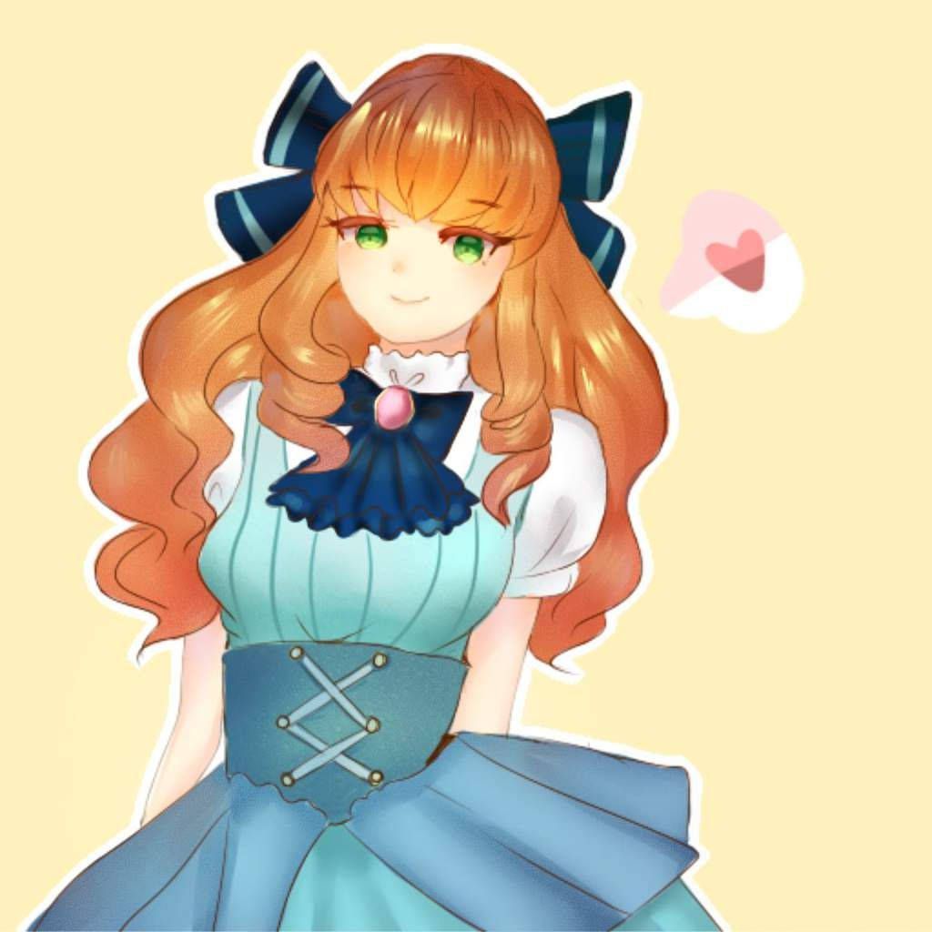 Guinevere 桌布 壁紙 — 擁有橙色頭髮和綠色眼睛的動漫女孩，穿著帶有大蝴蝶結的藍色連衣裙，一個心形對話氣泡漂浮在她旁邊。