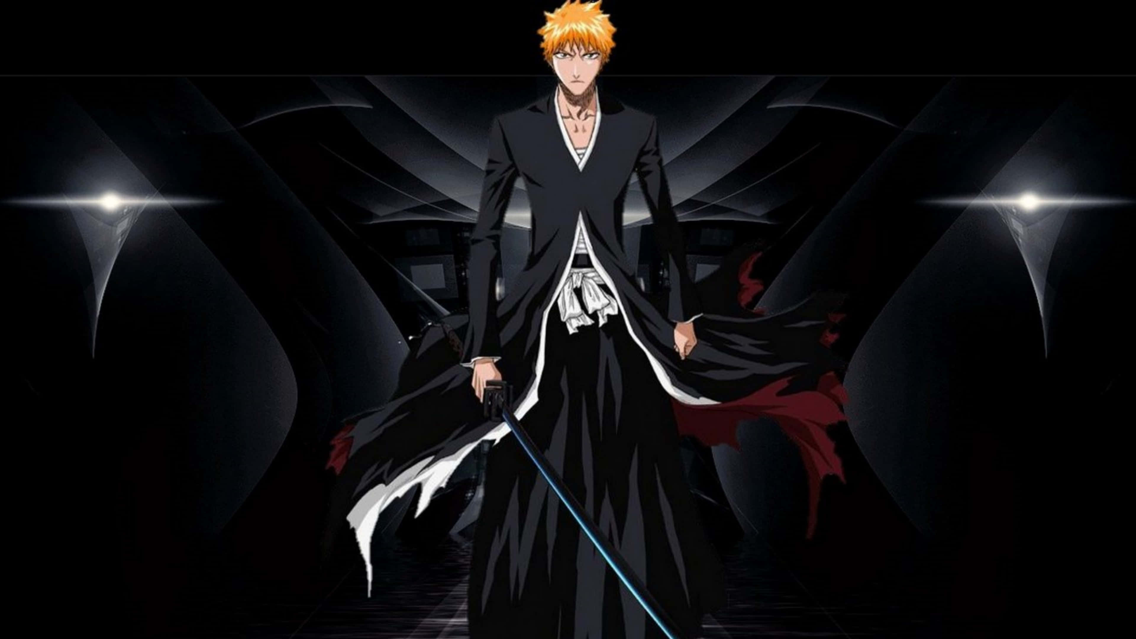 Ichigo 4K 桌布 壁紙 — 擁有橙色頭髮和黑色外套的動漫角色站在黑暗抽象背景前，手持發光劍。