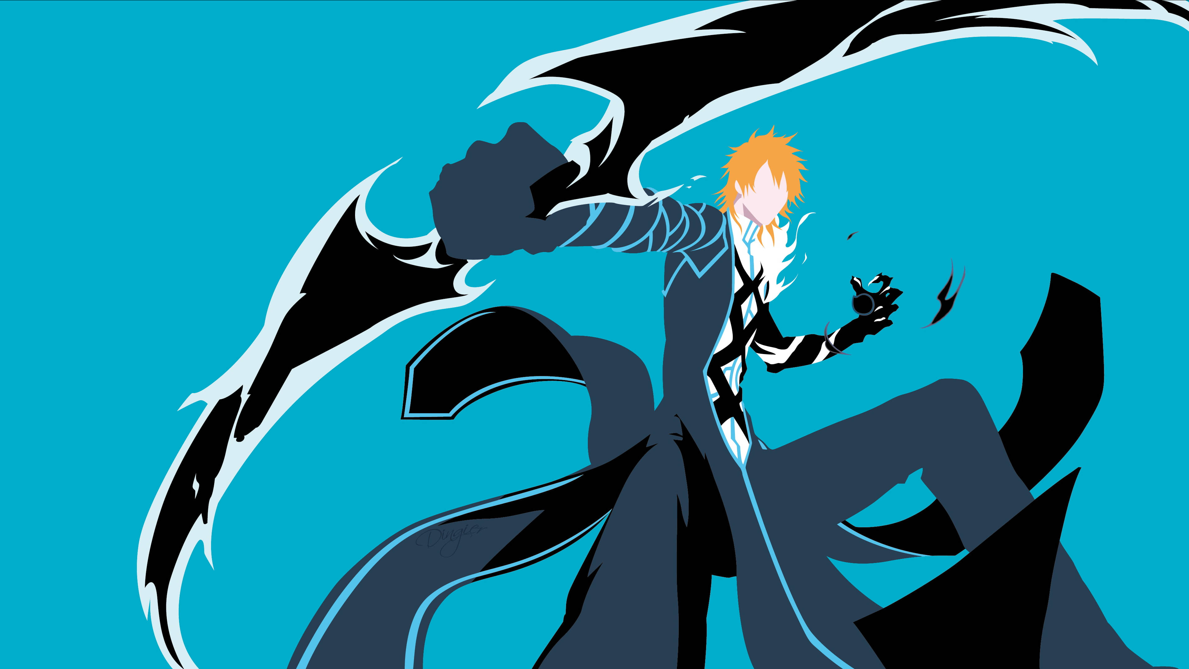 Bankai 桌布 壁紙 — 擁有橙色頭髮和黑色翅膀的動漫角色在充滿活力的藍色背景下擺出動態姿勢。