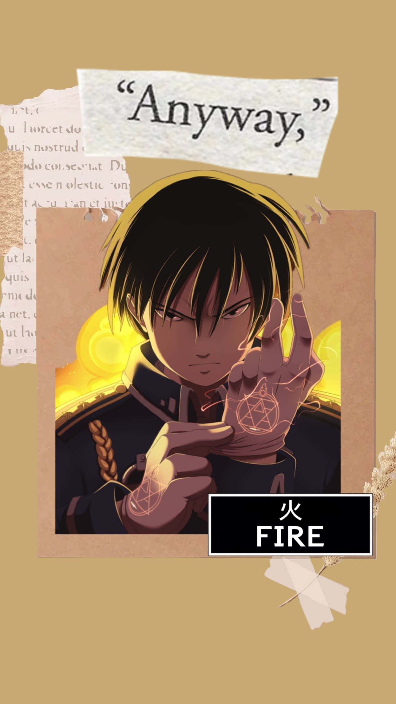 Roy Mustang 桌布 壁紙 — 擁有深色頭髮和堅定表情的動漫角色，在溫暖的米色背景上，透過發光的手勢引導熾熱的能量，背景帶有撕紙元素。