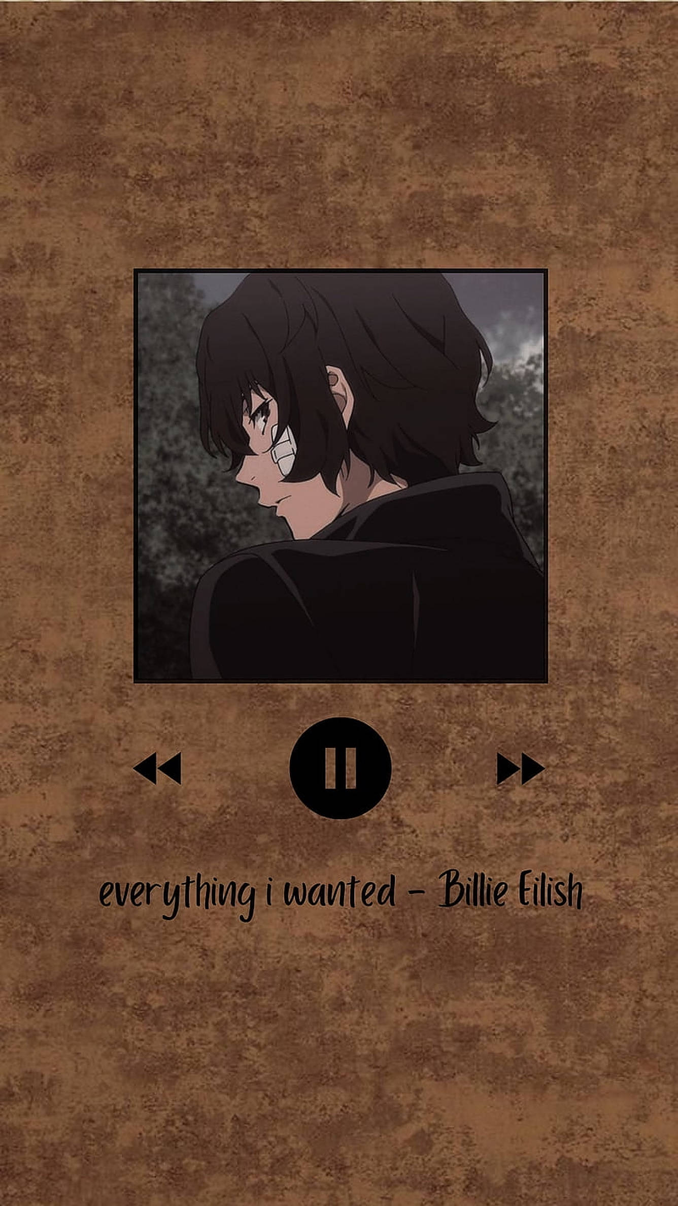 Dazai 桌布 壁紙 — 擁有深色頭髮和白色眼罩的動漫角色，展示在帶紋理的棕色背景上的裱框肖像中，並帶有音樂播放器控制和歌曲標題。