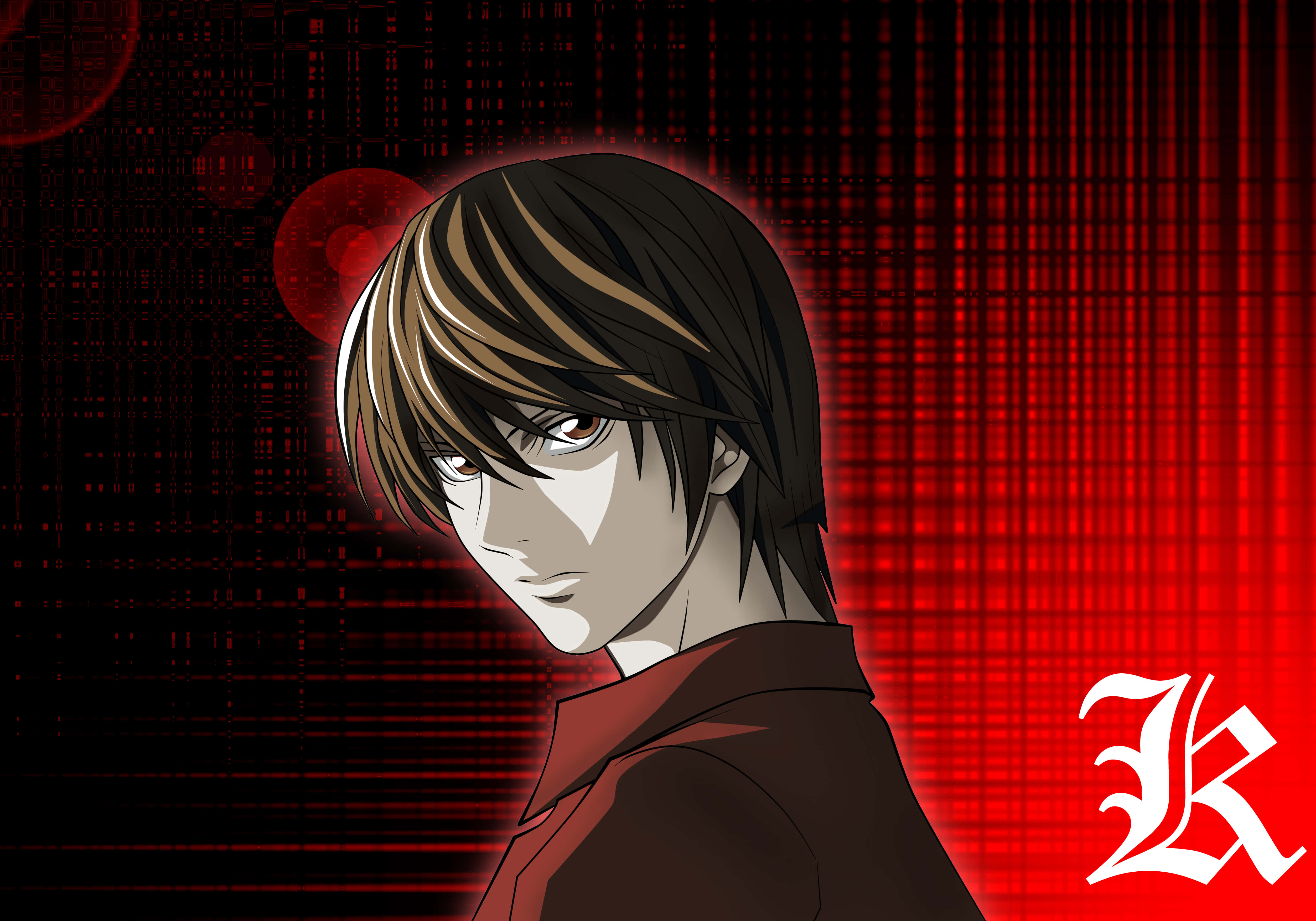 Death Note 4K 桌布 壁紙 — 擁有深色頭髮和紅色眼睛的動漫角色，在發光的紅色數位網格背景前怒視。