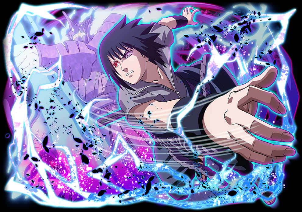 Rinnegan 桌布 壁紙 — 擁有深色頭髮和紅色眼睛的動漫角色，以動態戰鬥姿勢引導發光的藍色和紫色查克拉。