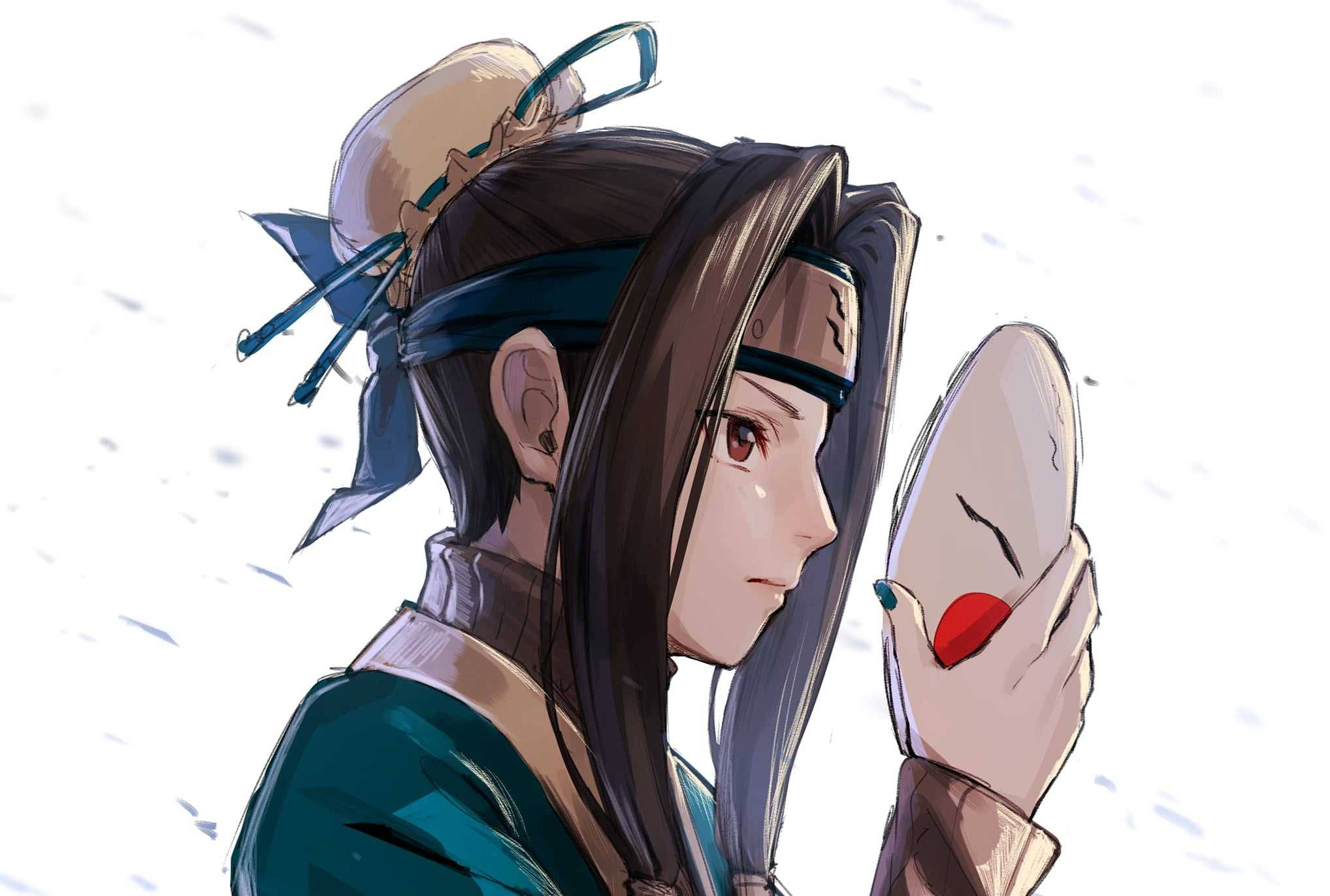 Anime iPad 桌布 壁紙 — 擁有深色頭髮和紅色眼睛的動漫角色，在雪景背景下手持一個帶有紅色嘴巴的面具。