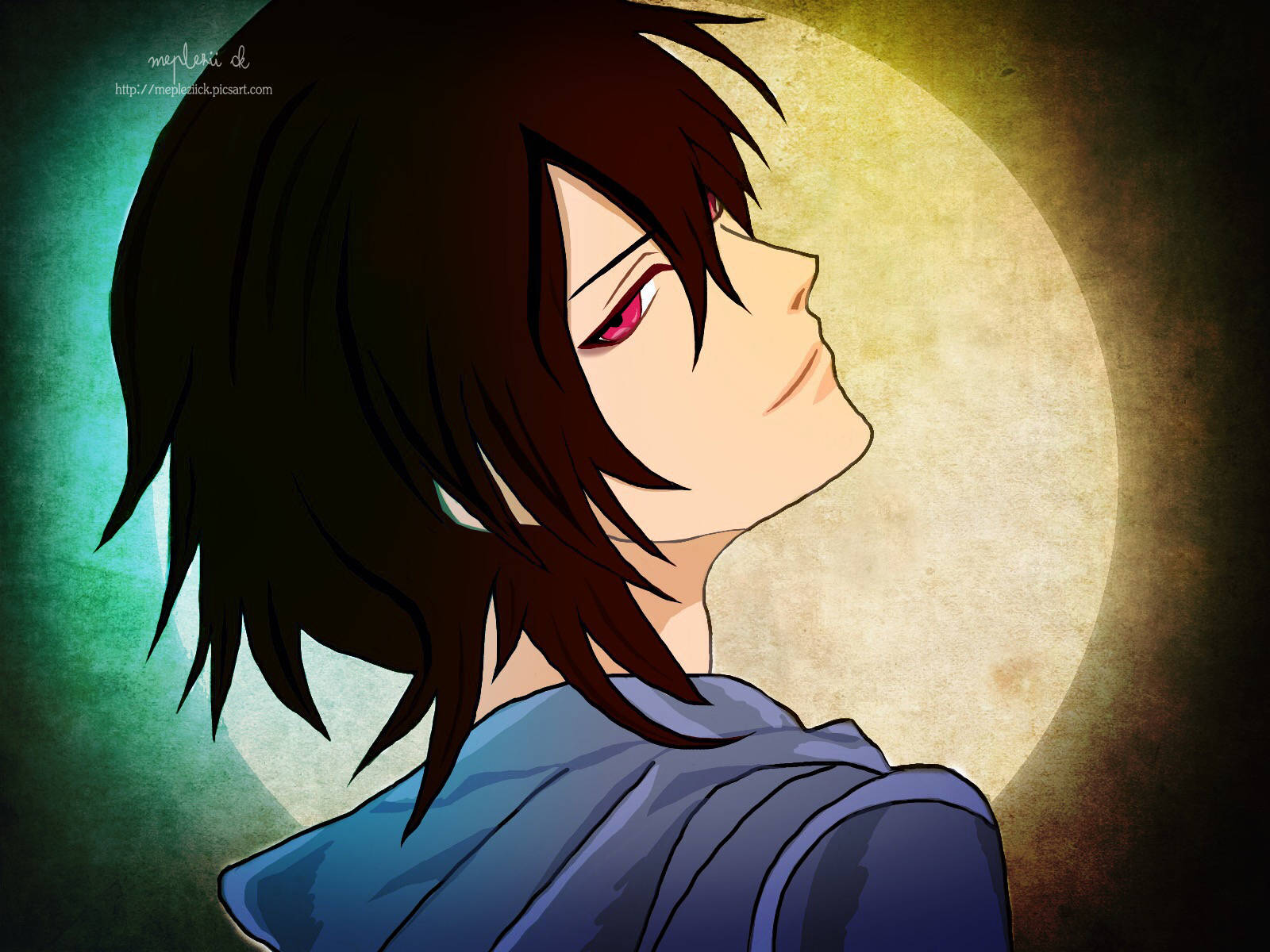 Crazy Anime Boy 桌布 壁紙 — 擁有深色頭髮和紅色眼睛的動漫角色，在發光的滿月背景下向上凝視。