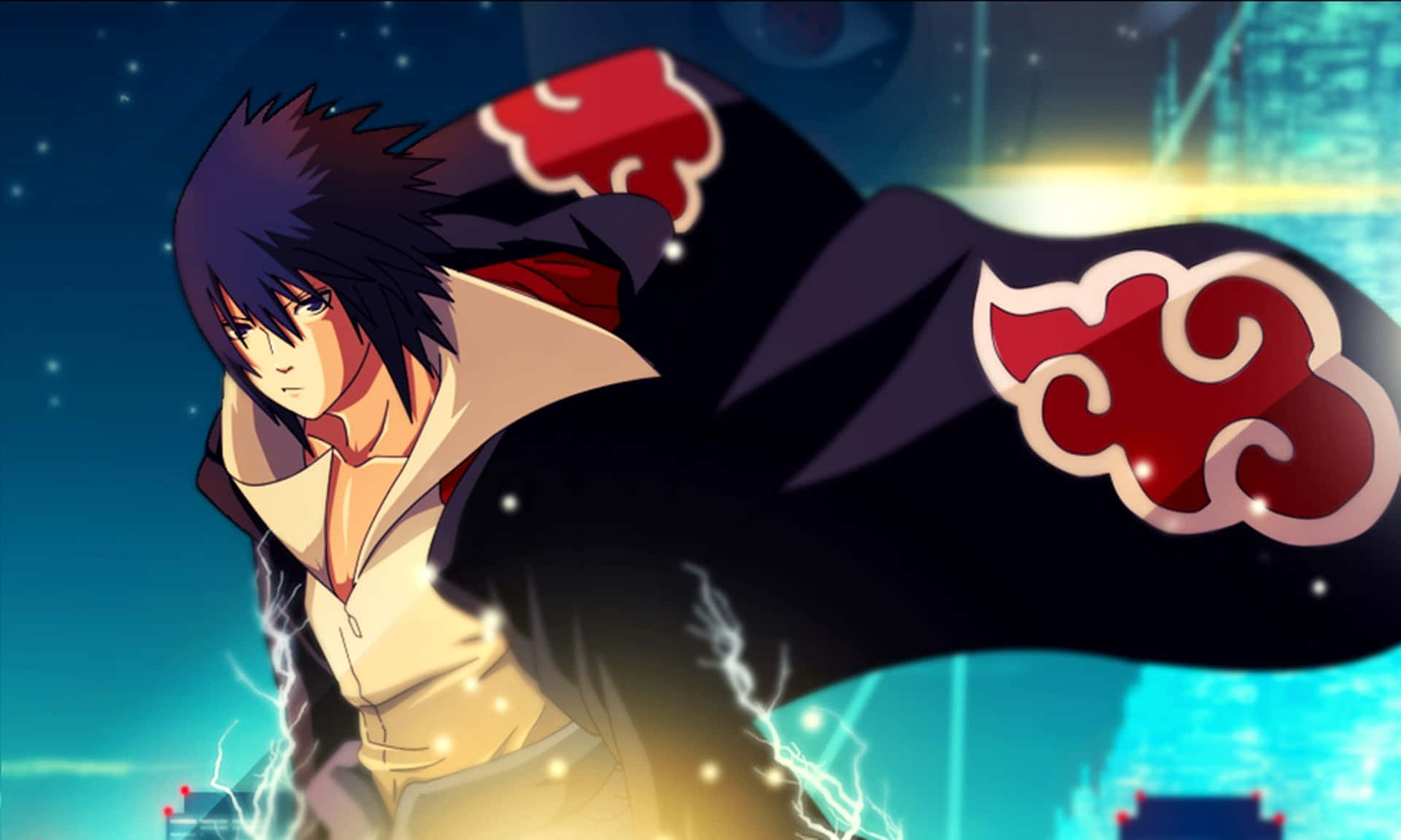 Akatsuki Sasuke 桌布 壁紙 — 擁有深色頭髮和紅色雲斗篷的動漫角色，在閃電效果下，以動態姿勢站在發光的城市景觀前。
