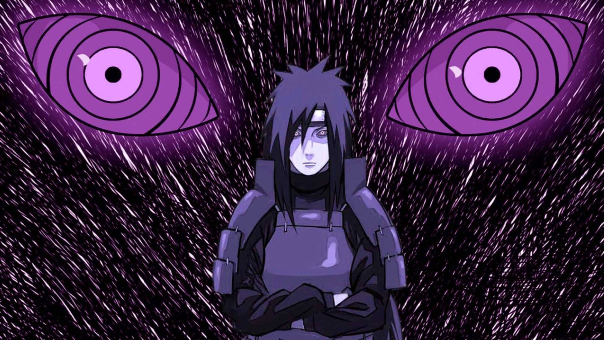 Uchiha 桌布 壁紙 — 擁有深色頭髮和紫色眼睛的動漫角色，雙臂交叉，站在帶有巨大漩渦眼睛的暴風雨紫色背景前。