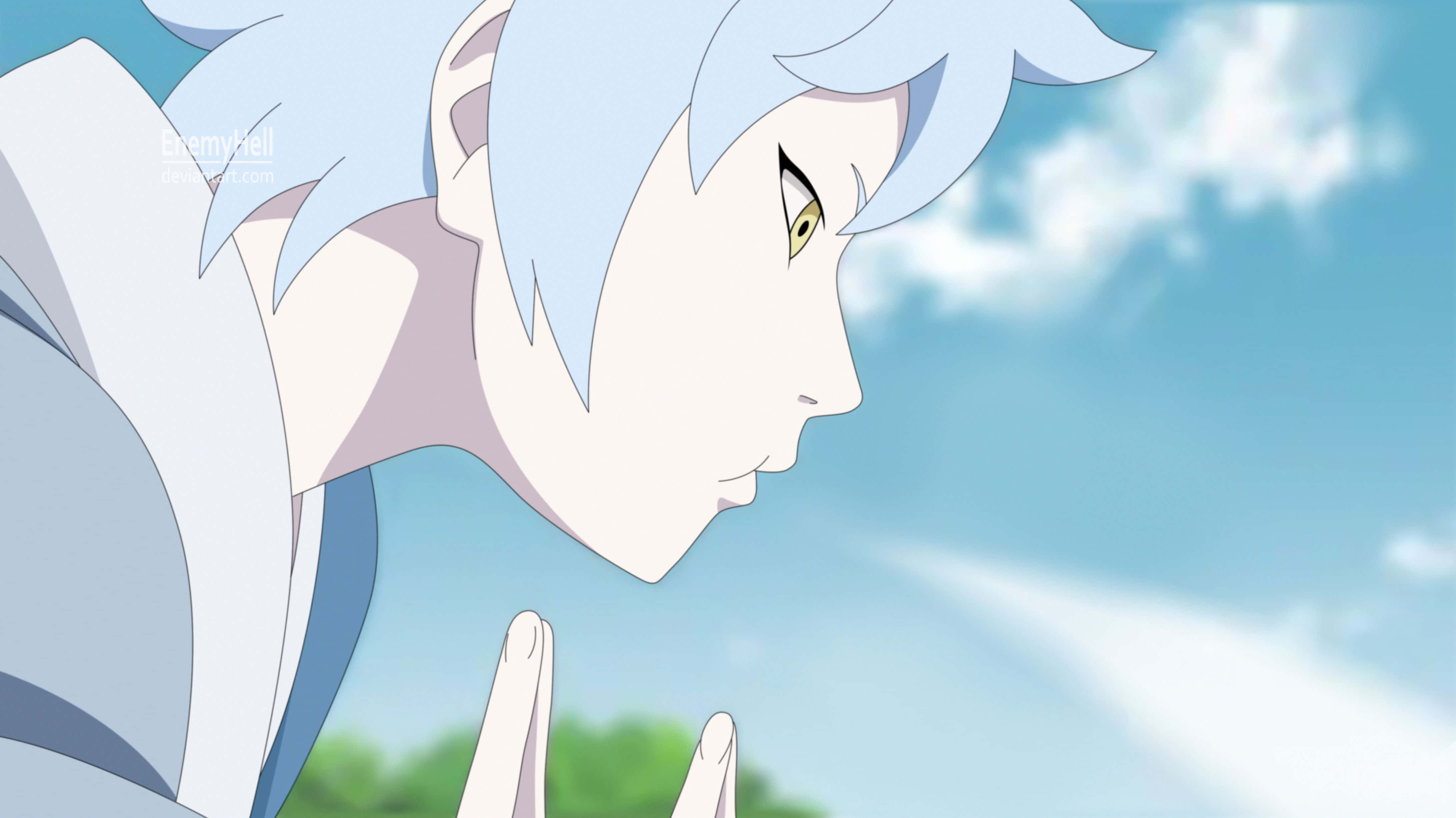 Mitsuki 桌布 壁紙 — 擁有淺藍色頭髮和黃色眼睛的動漫角色，在藍天白雲下若有所思地凝視著。