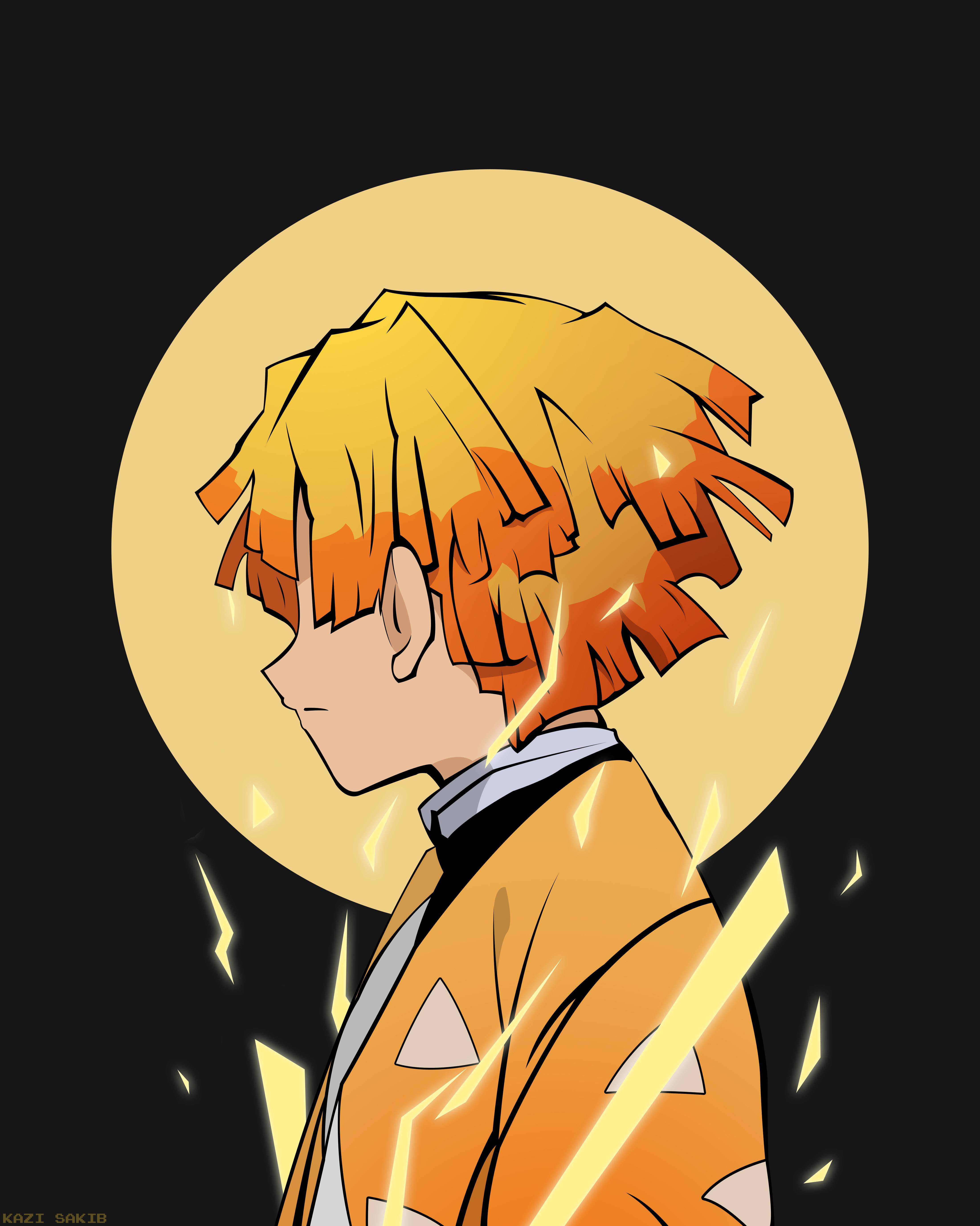 Demon Slayer Zenitsu 桌布 壁紙 — 擁有火橙色頭髮和發光黃色閃電效果的動漫角色，以大型金色太陽為背景。