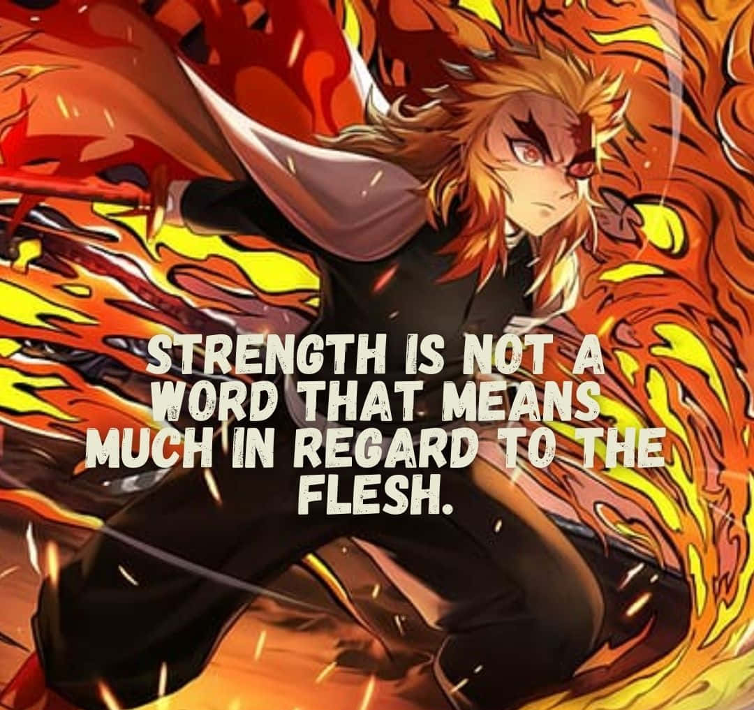 Rengoku Quotes 桌布 壁紙 — 擁有火橙色頭髮和紅色眼睛的動漫戰士，被爆炸性的火焰包圍，擺出動態的戰鬥姿勢。