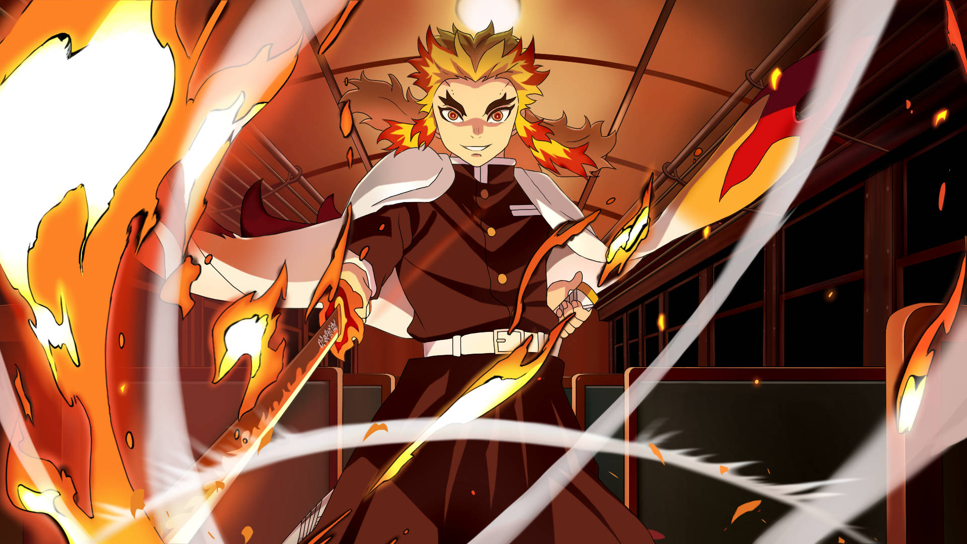 Kyojuro Rengoku 桌布 壁紙 — 擁有火焰頭髮和刀刃的動漫戰士，在火焰和動態模糊中劈開一節火車車廂。