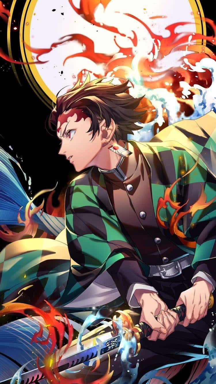動漫男孩 桌布 壁紙 — 擁有火焰頭髮和劍的動漫戰士，在黑暗背景中被爆炸性的火焰和水效果包圍。