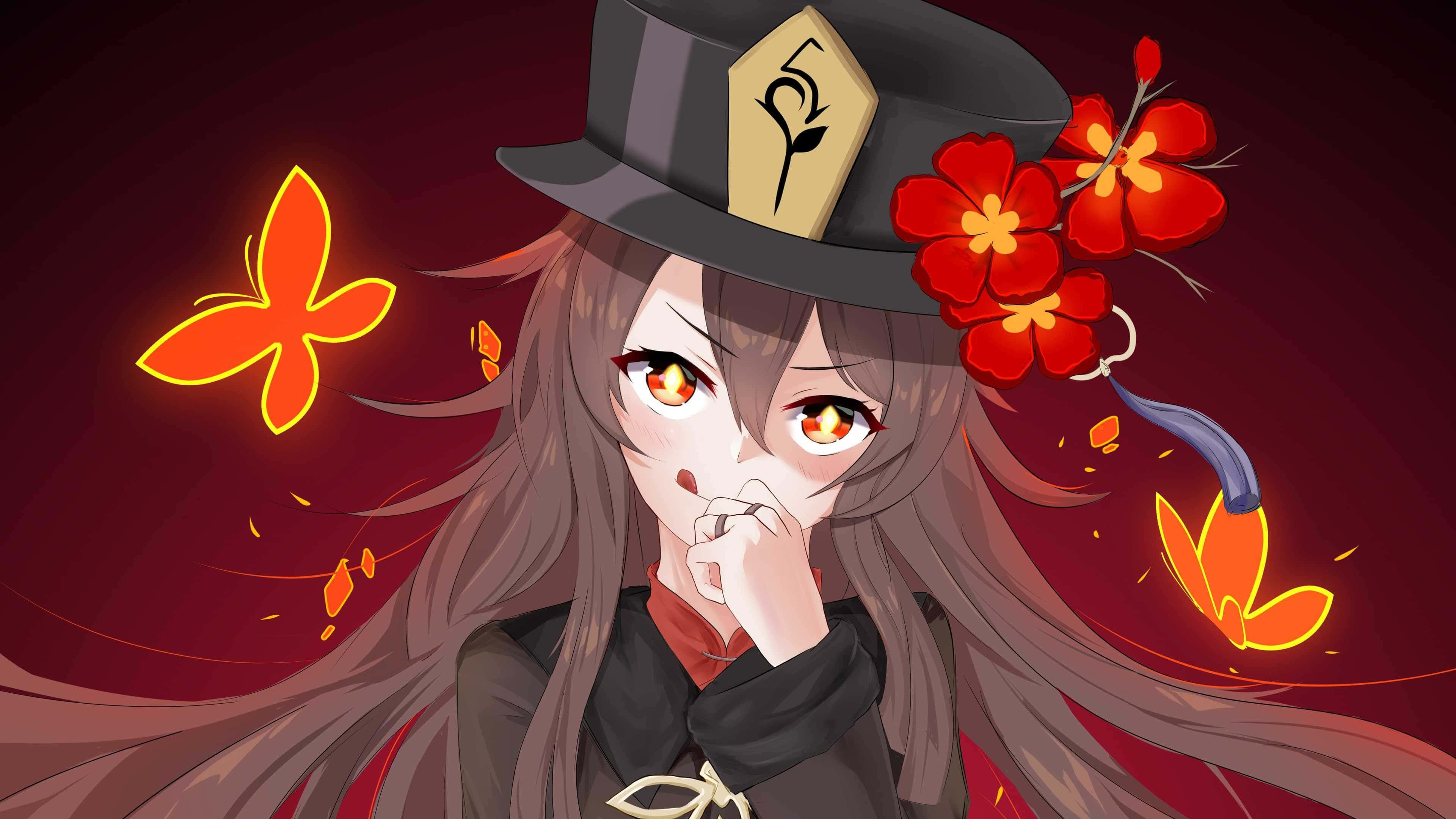 胡桃 桌布 壁紙 — 擁有火熱眼睛和長長棕色頭髮的動漫女孩，戴著一頂飾有紅色花朵的高帽，發光的橙色蝴蝶在她周圍盤旋，背景是深紅色。