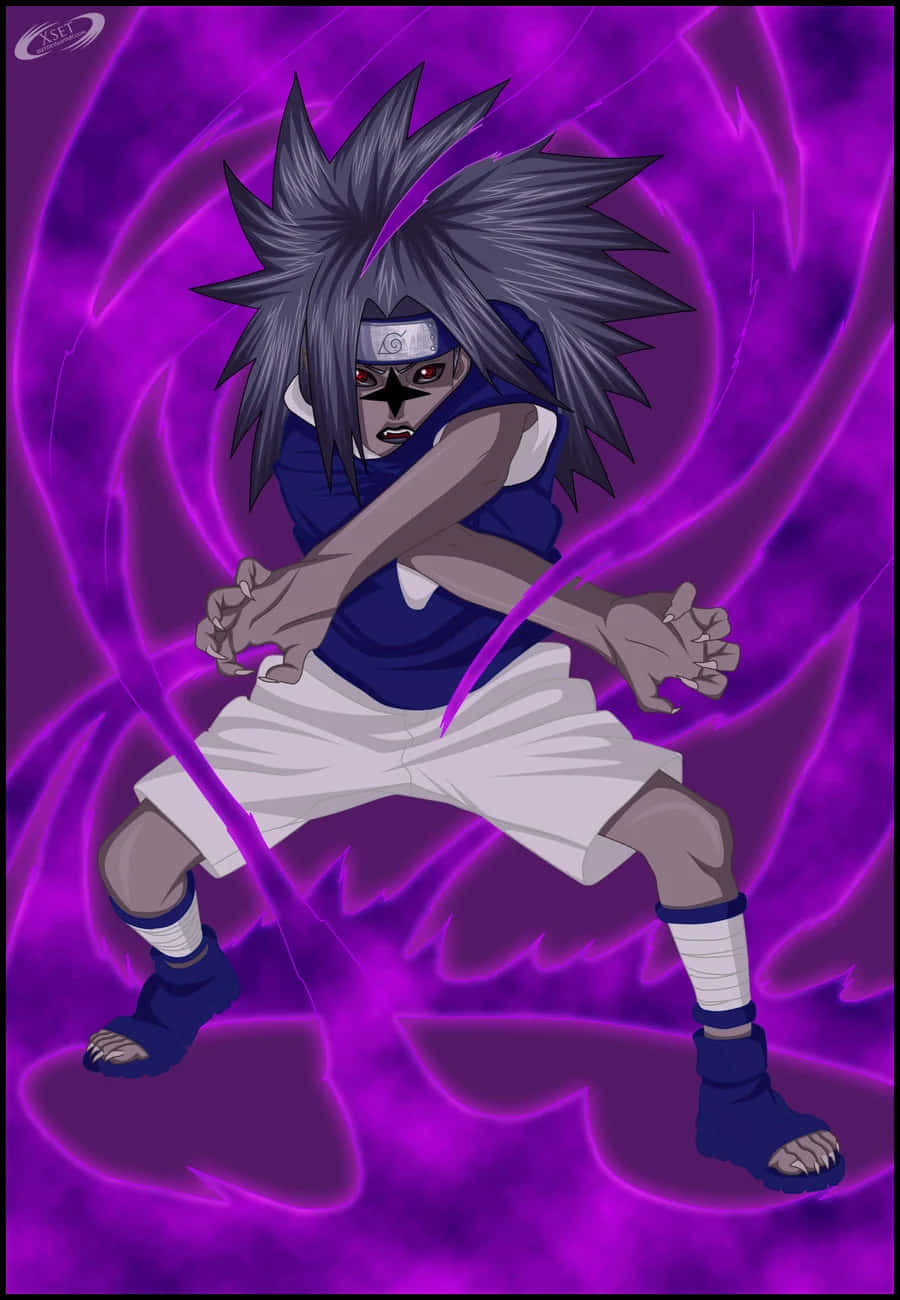 Sasuke Uchiha Cursed Mark 桌布 壁紙 — 擁有灰色尖刺頭髮和紅色眼睛的動漫角色，以動態戰鬥姿勢引導紫色查克拉。
