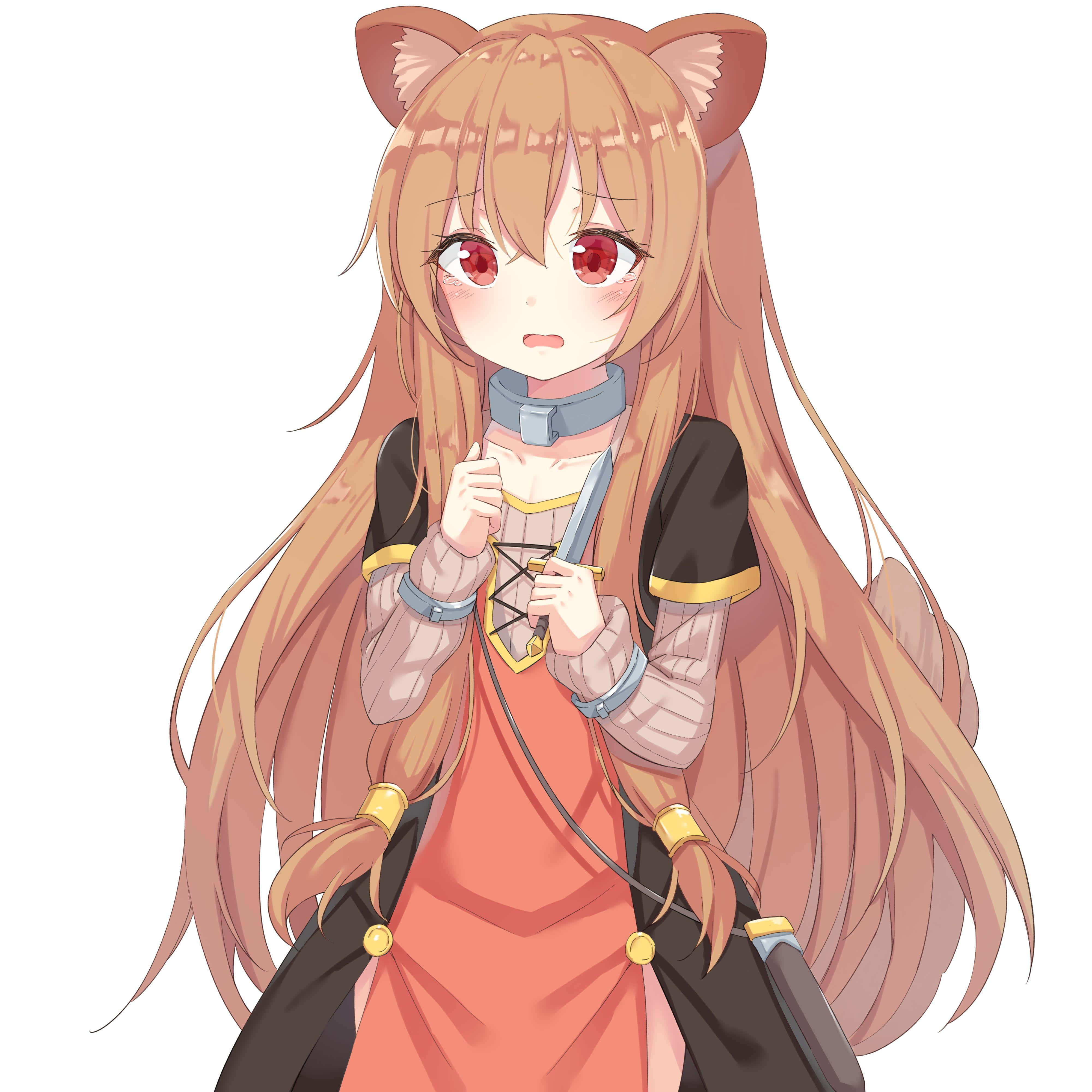 Raphtalia 桌布 壁紙 — 擁有狐狸耳朵和紅眼睛的動漫女孩，穿著黑色和橙色服裝，手持匕首。