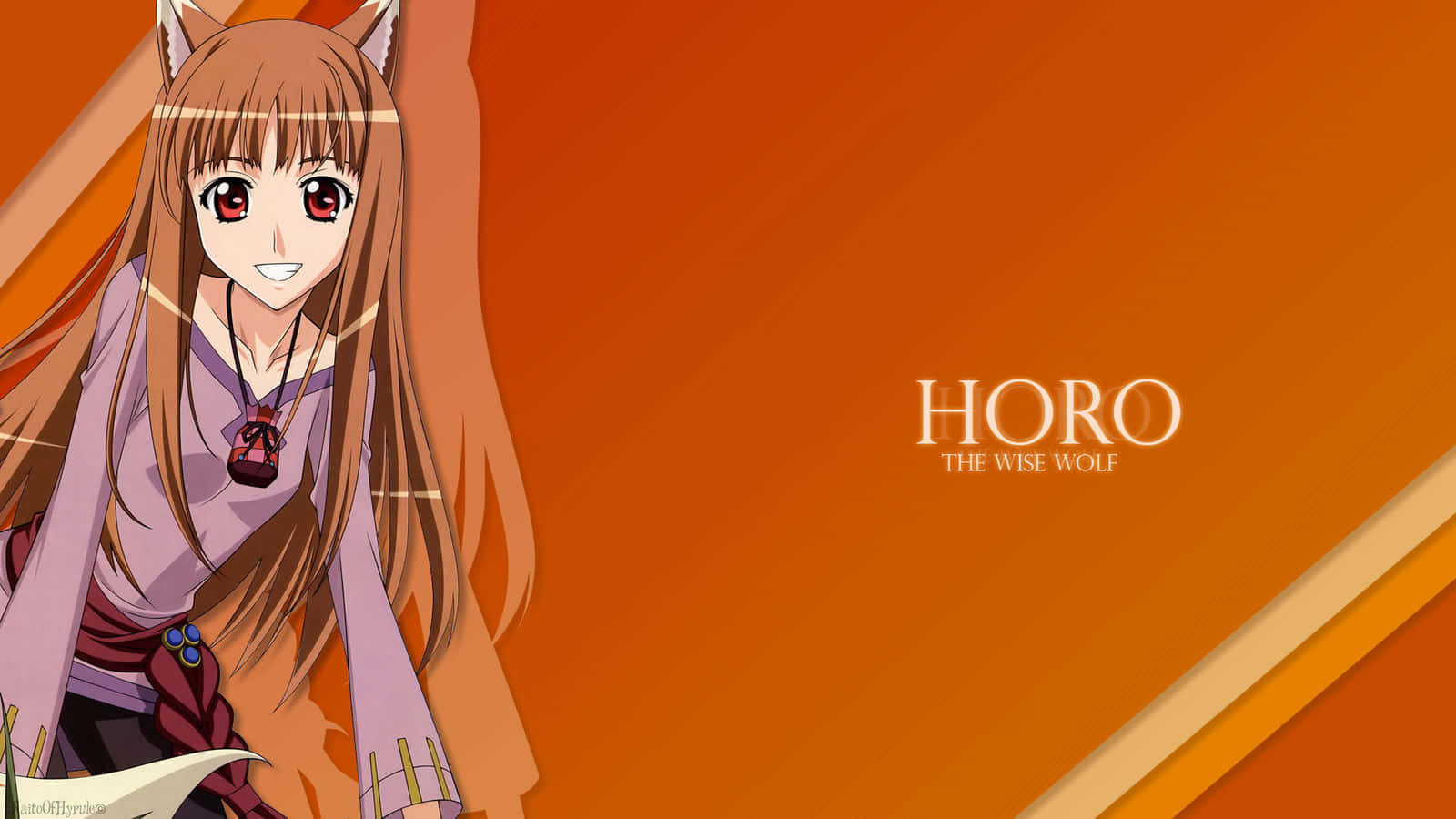 Spice And Wolf 桌布 壁紙 — 擁有狐狸耳朵和紅色眼睛的動漫女孩，在帶有文字的橙色漸變背景上溫暖地微笑。