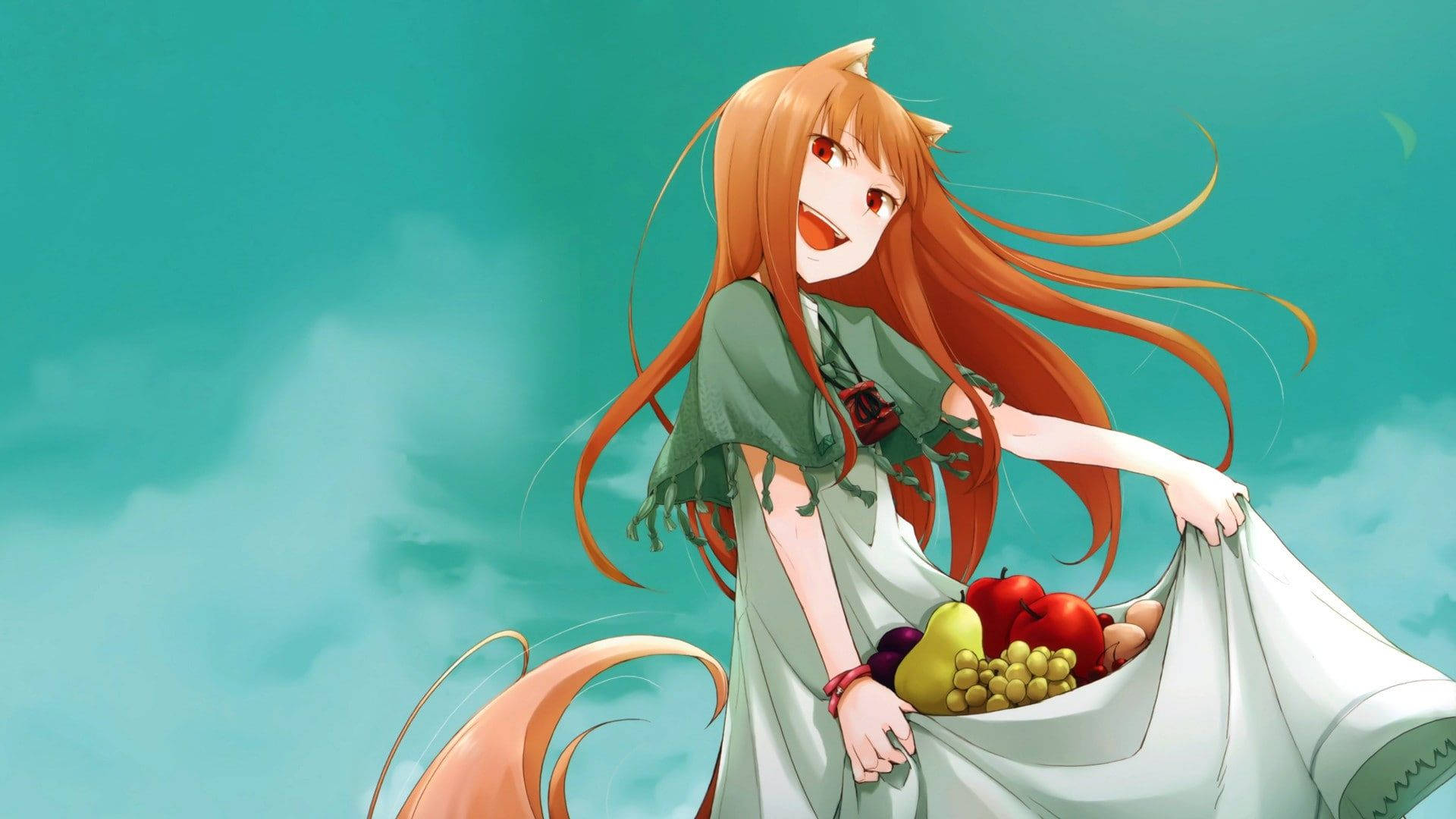 Wolf Girl 桌布 壁紙 — 擁有狐狸耳朵和長長橙色頭髮的動漫女孩微笑著，在青綠色的天空下抱著一個裝滿彩色水果的袋子。
