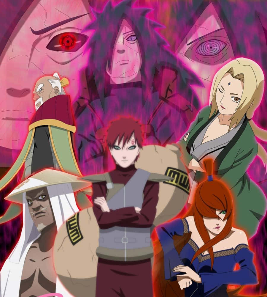 Five Kage Summit 桌布 壁紙 — 擁有發光眼睛和強烈表情的動漫角色站在粉紅色和紫色能量背景前。