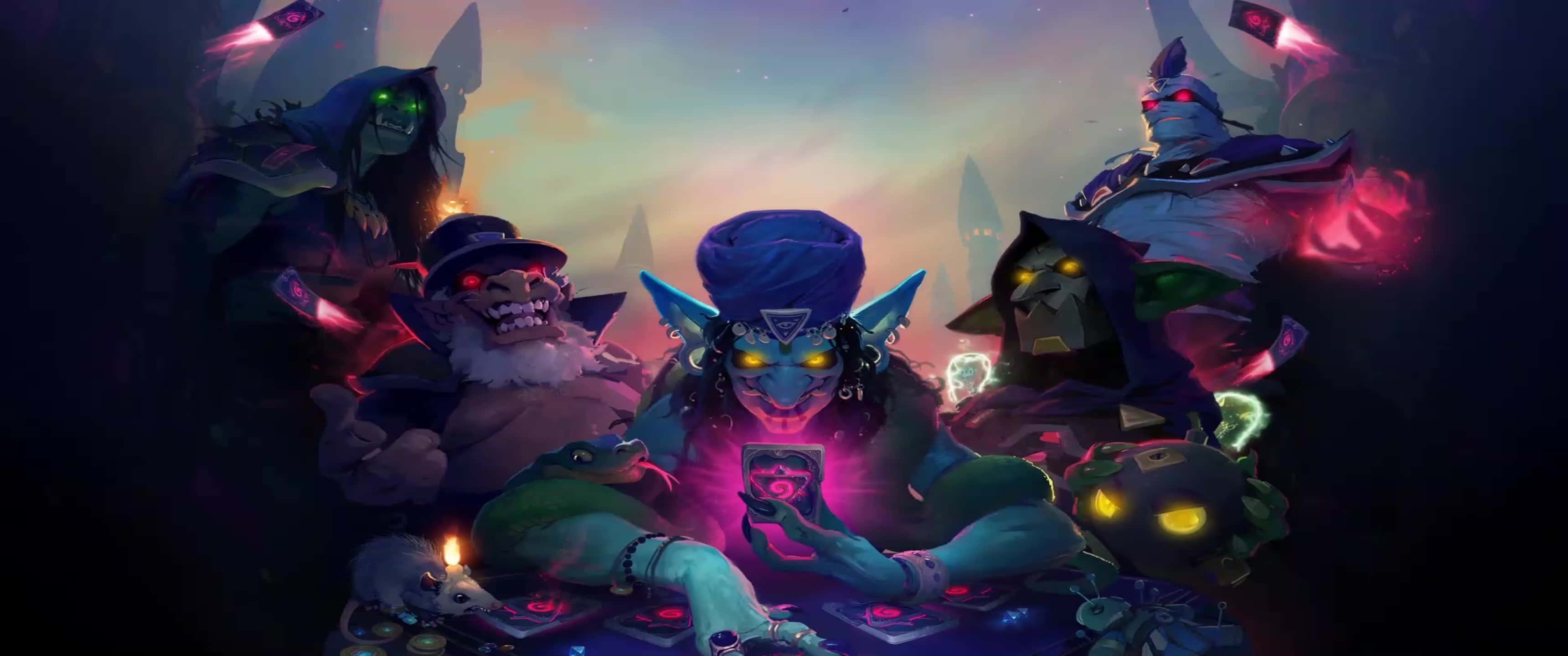 3440x1440p Hearthstone 桌布 壁紙 — 擁有發光眼睛的奇幻角色聚集在一張神秘桌子周圍，在黑暗的魔法洞穴中施法。