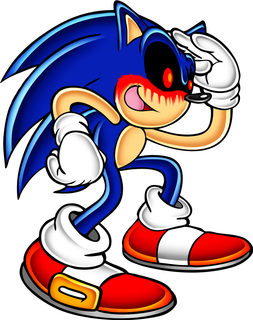 Sonic Exe 桌布 壁紙 — 擁有發光紅眼和尖銳牙齒的Sonic the Hedgehog在黑色背景前擺出威脅姿勢。
