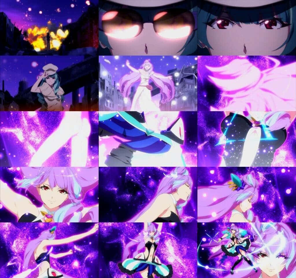 Macross Delta 桌布 壁紙 — 擁有發光紫色頭髮和眼睛的動漫女孩，在閃爍的宇宙夜空背景下散發魔法能量。
